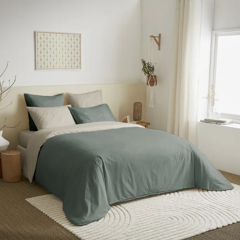 Pack complet 6 pièces eucalyptus/lin réversible housse de couette pour lit 140 x 190 cm Beige