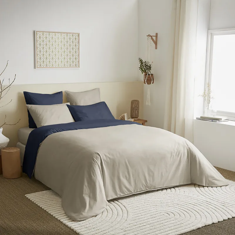 Pack complet 6 pièces lin/marine réversible housse de couette pour lit 140 x 190 cm Beige