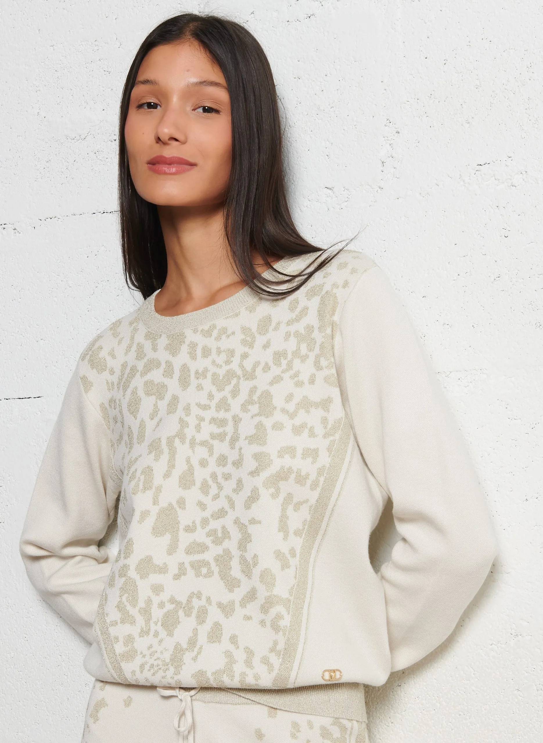 Pull col rond jacquard Beige