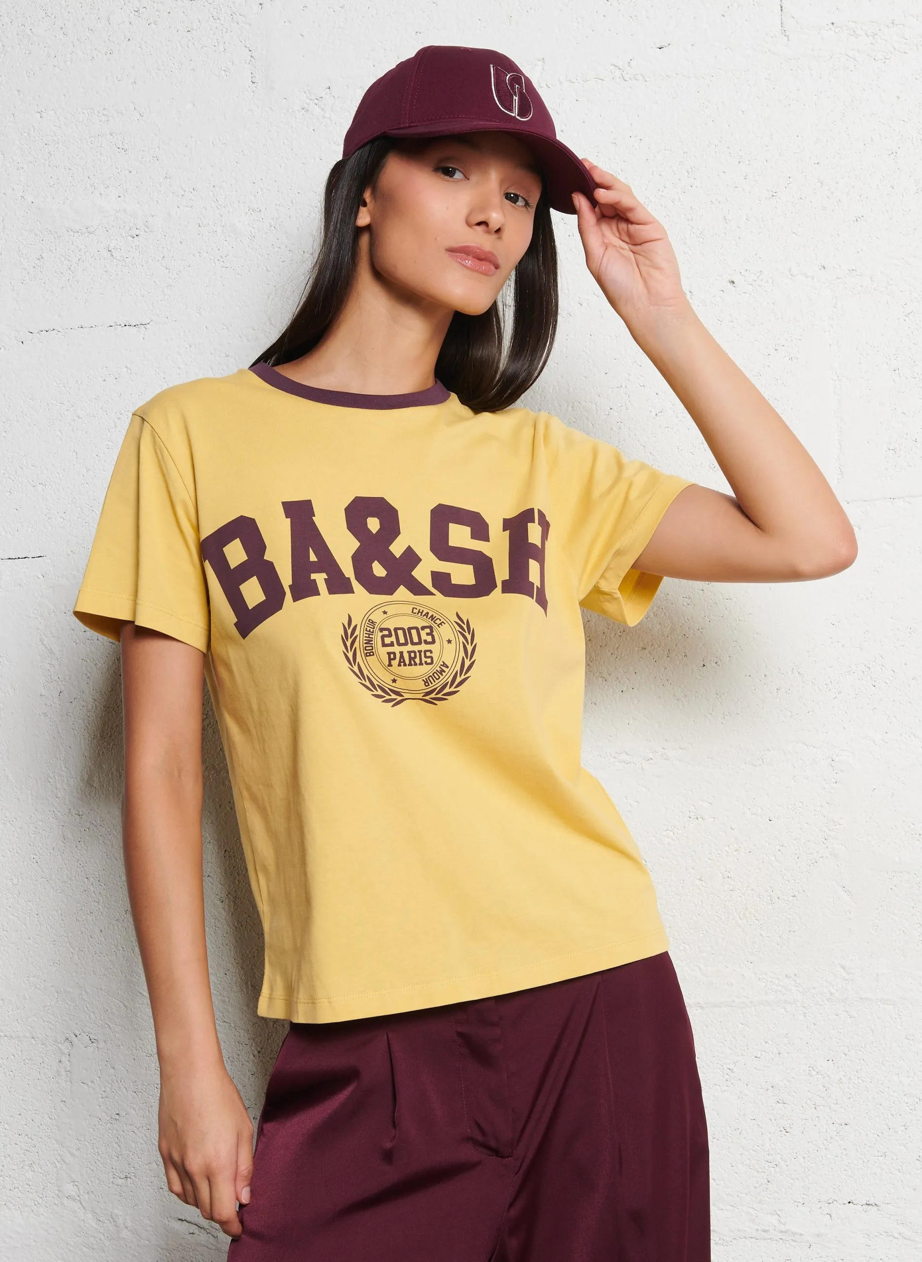 Tee-shirt droit col rond sérigraphié en coton Jaune IONI