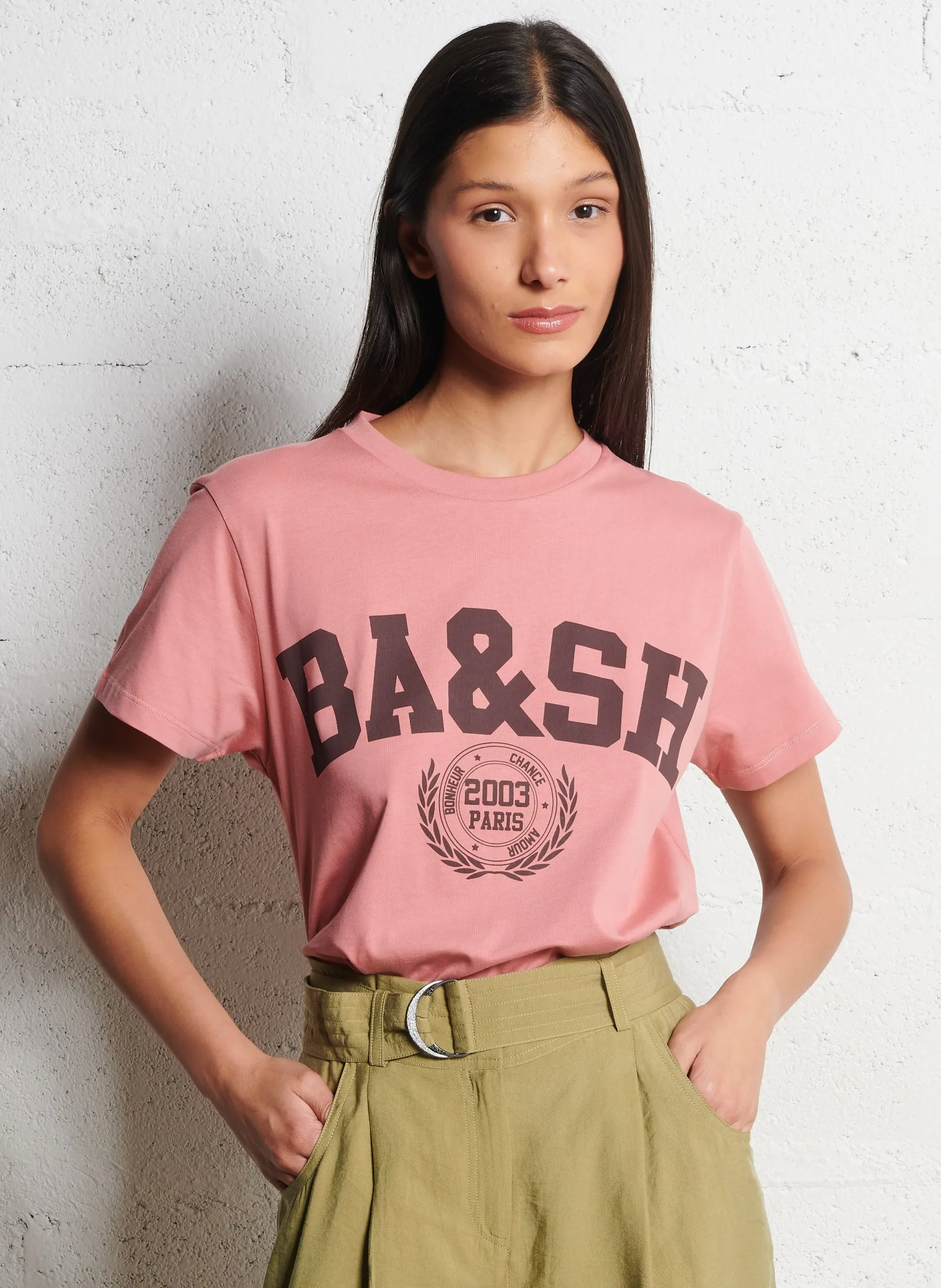 Tee-shirt droit col rond sérigraphié en coton Rose IONI