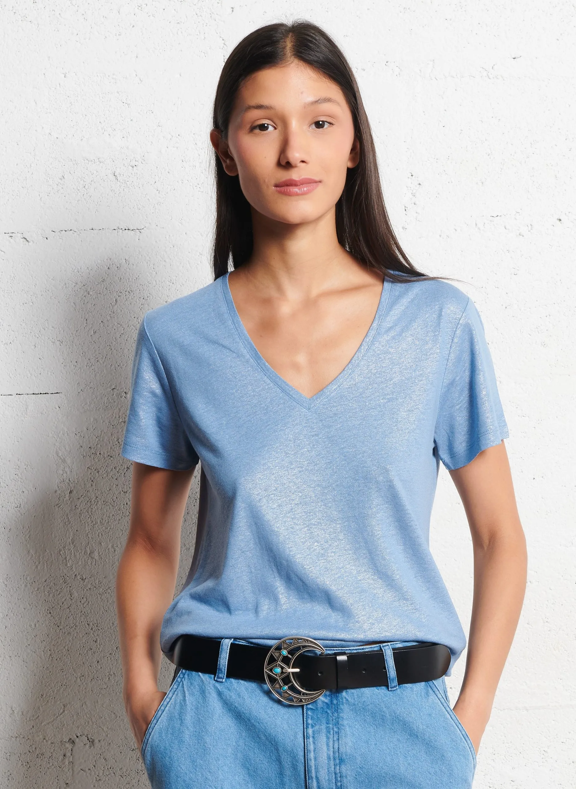 Tee-shirt col V irisé en lin mélangé Bleu