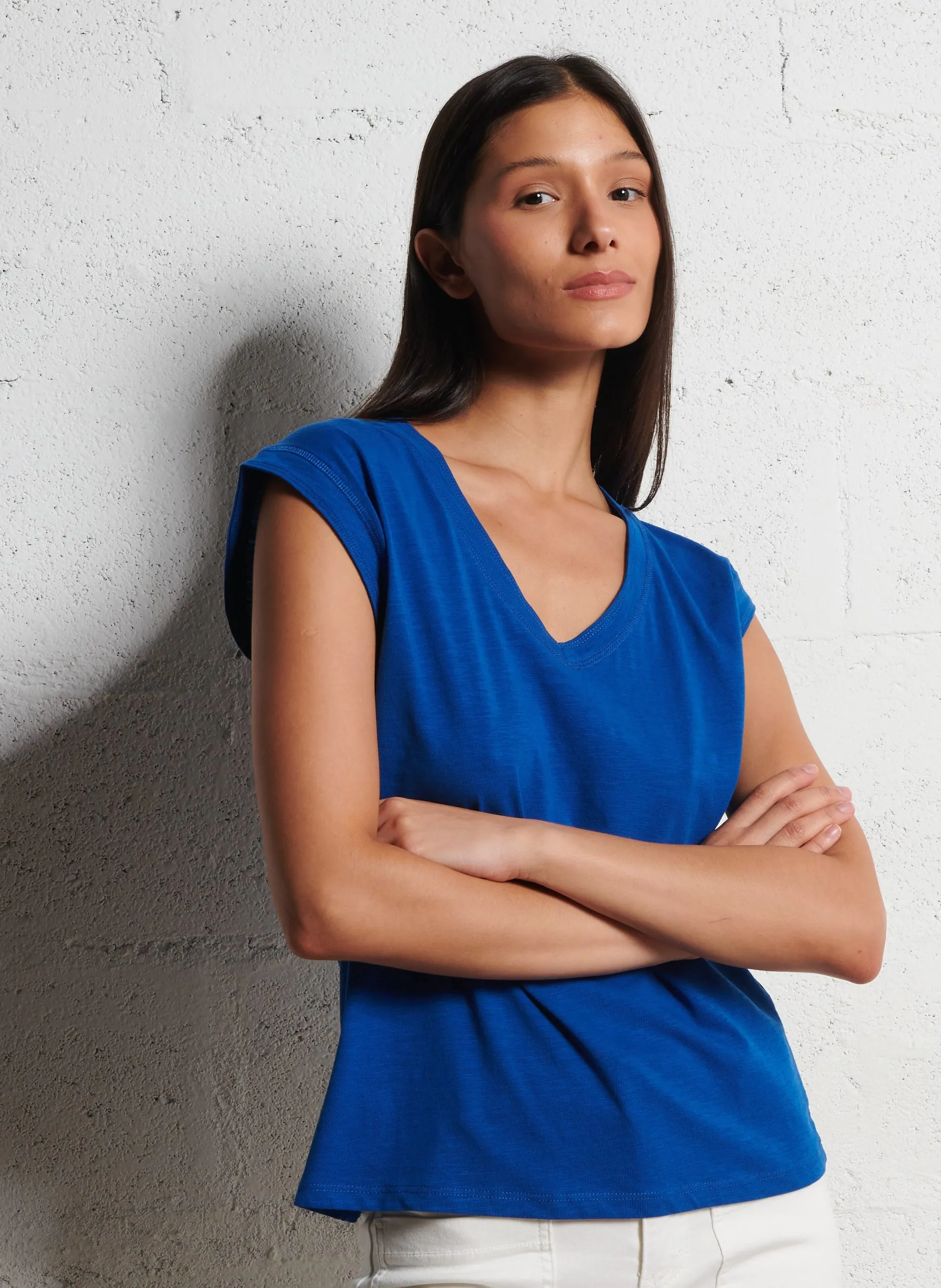 Tee-shirt sans manches col V en coton Bleu DELYA
