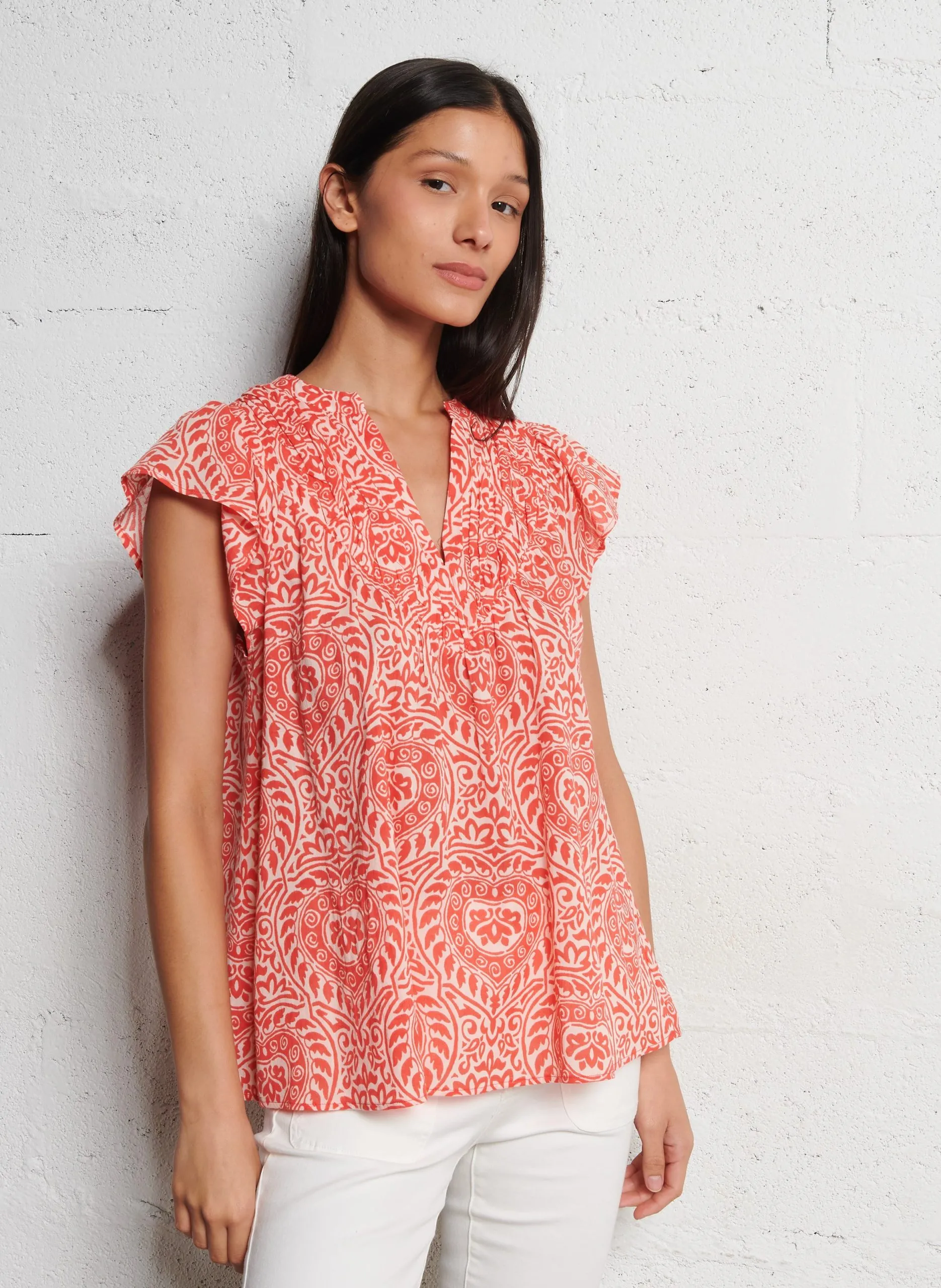 Top col V en coton Orange BILLIE