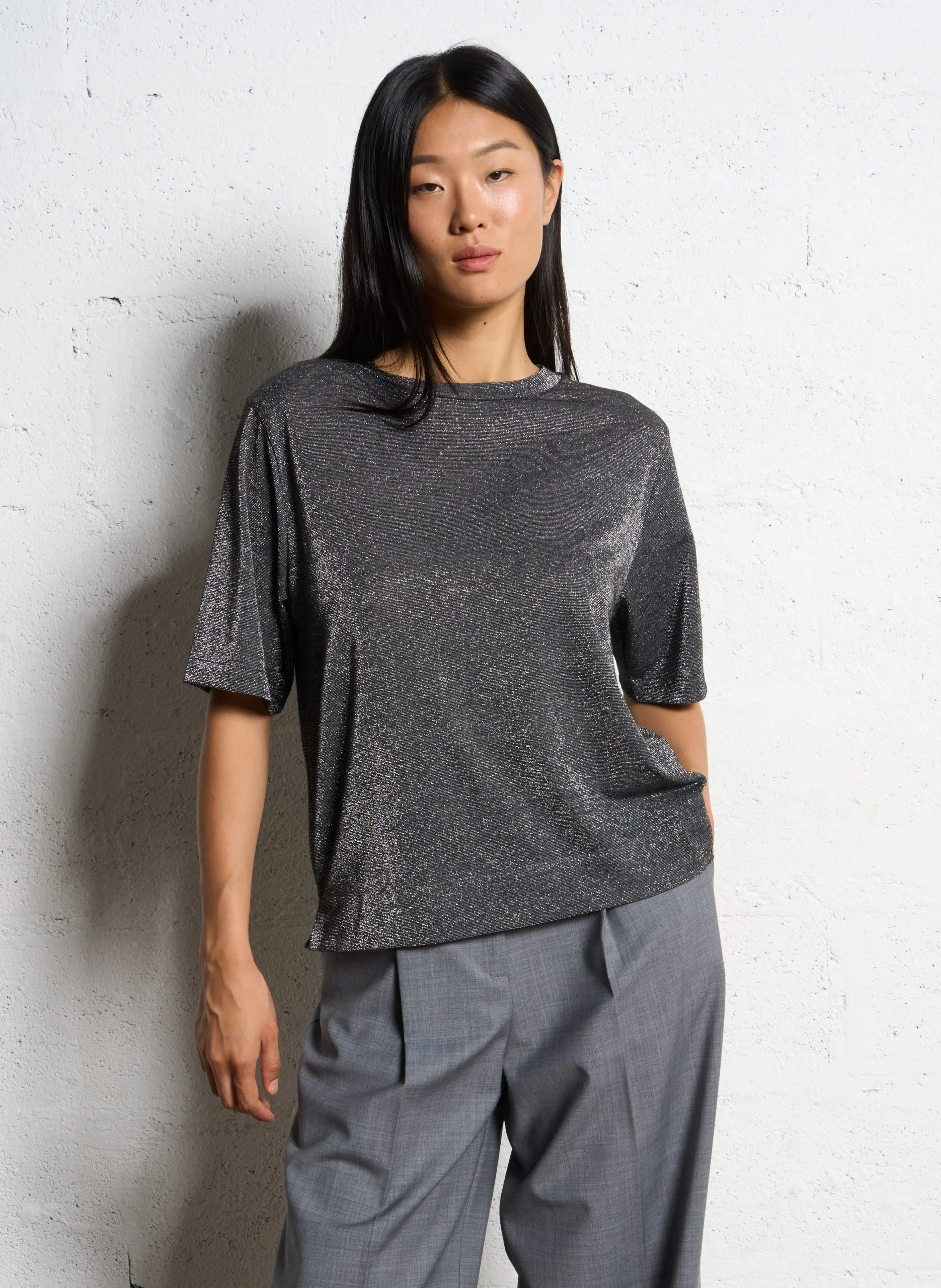 Tee-shirt col rond pailleté Argent IORA