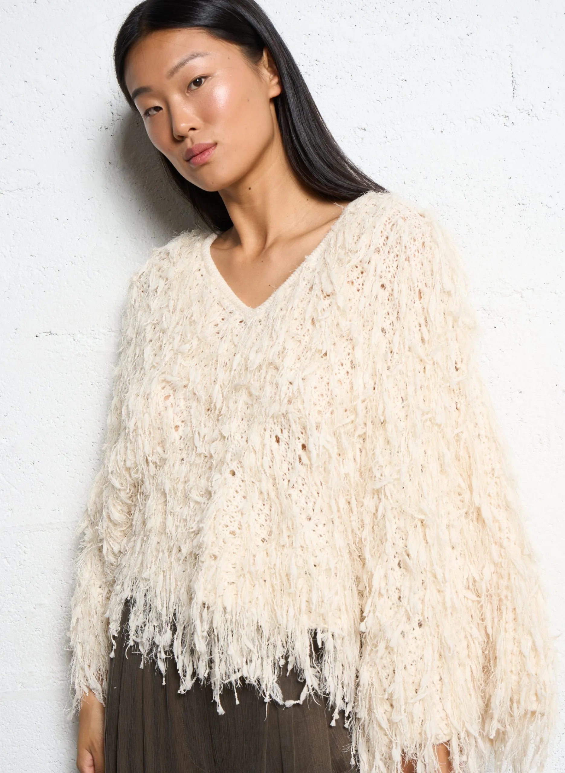 Sweat ample col V à franges Beige SILOU