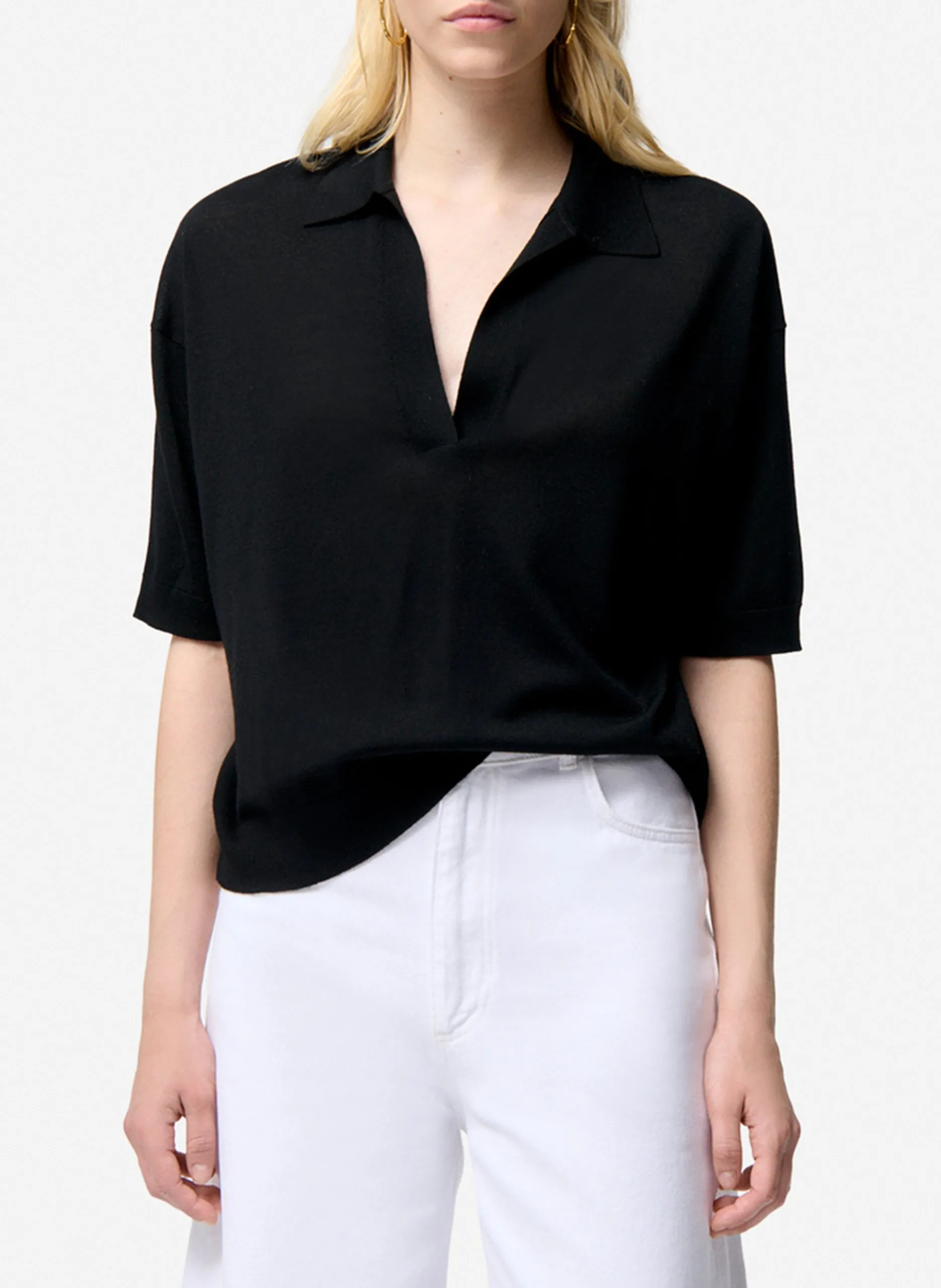 Pull oversize col polo en laine et cachemire Noir FABY