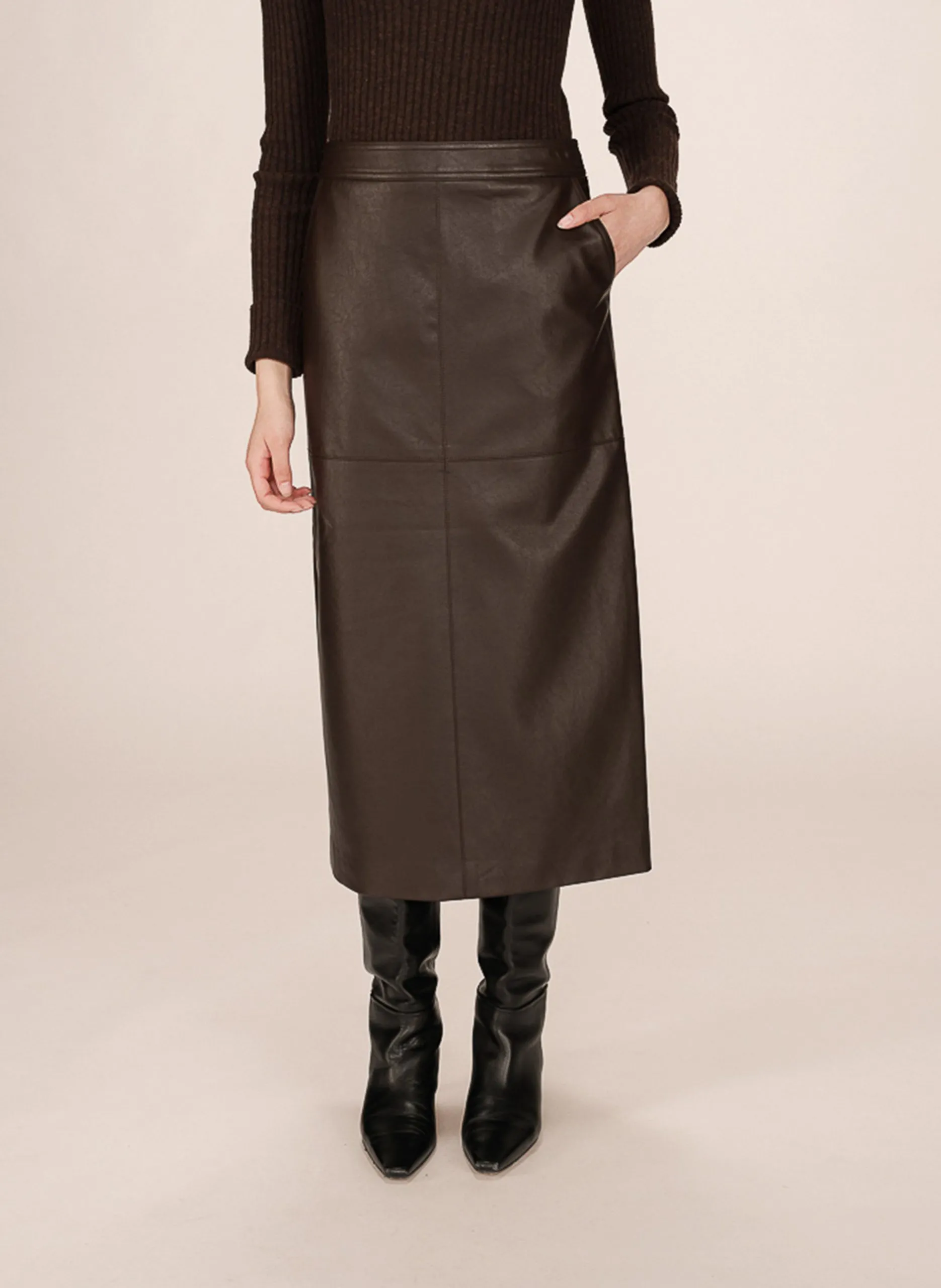 jupe midi aspect cuir Marron SIRENE