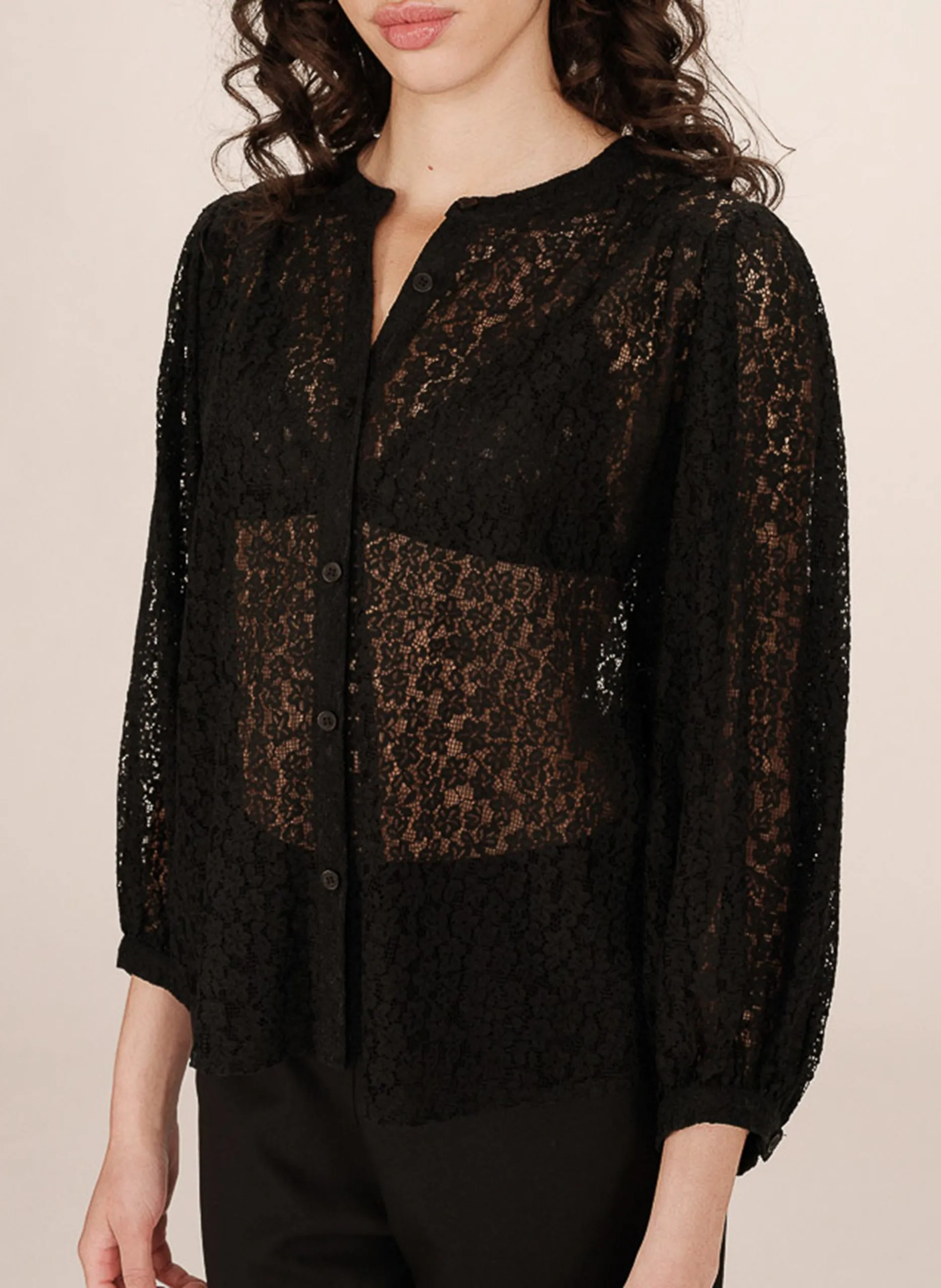 Chemise col rond en coton mélangé Noir SOPHIA