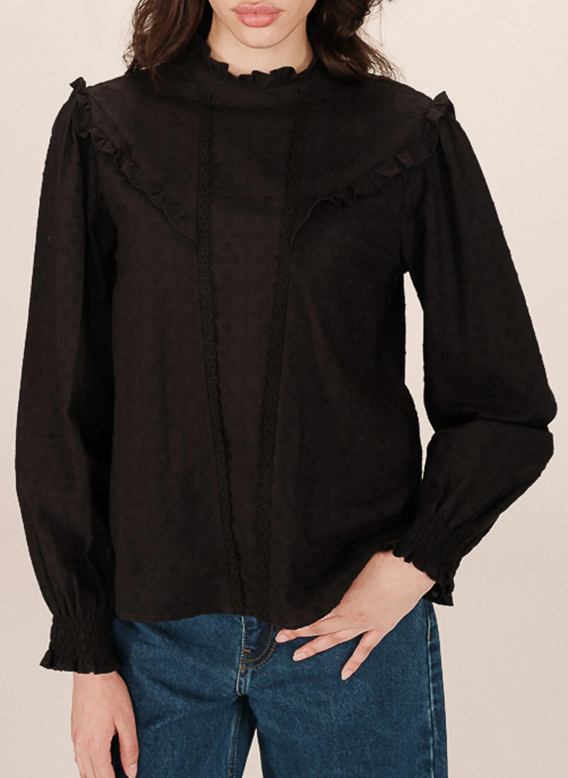 Blouse col victorien en coton Noir SEDUISANTE