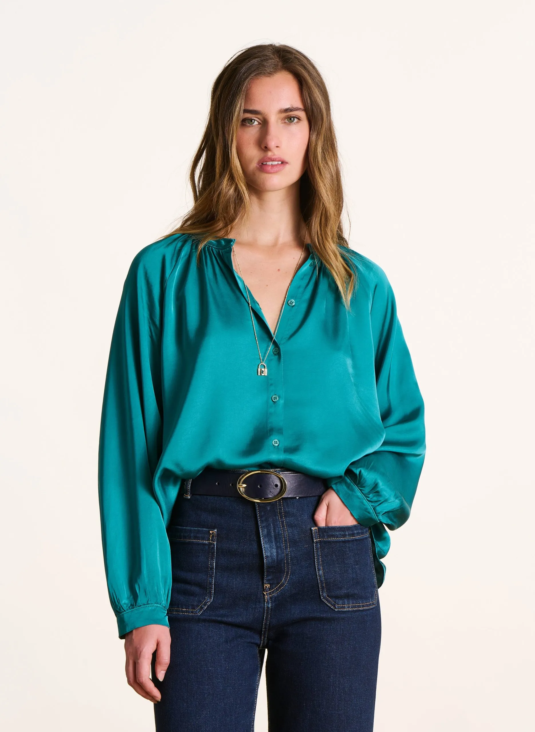 Chemise ample unie col rond Vert