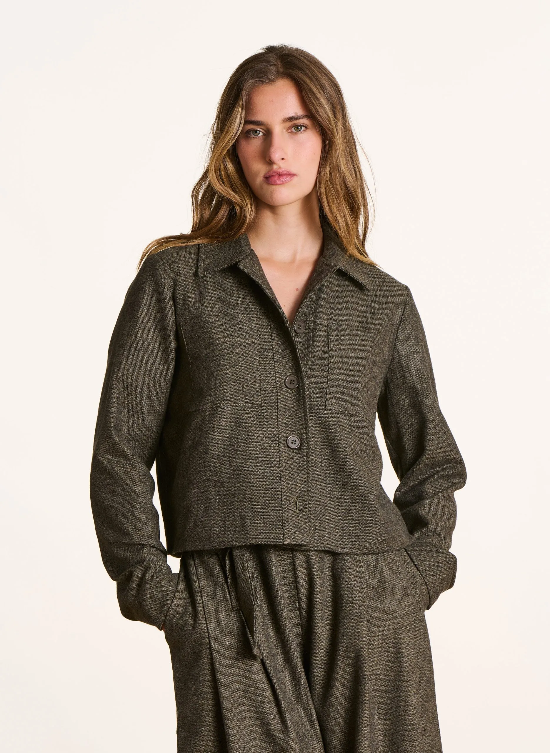 Veste col chemsie en coton mélangé Kaki