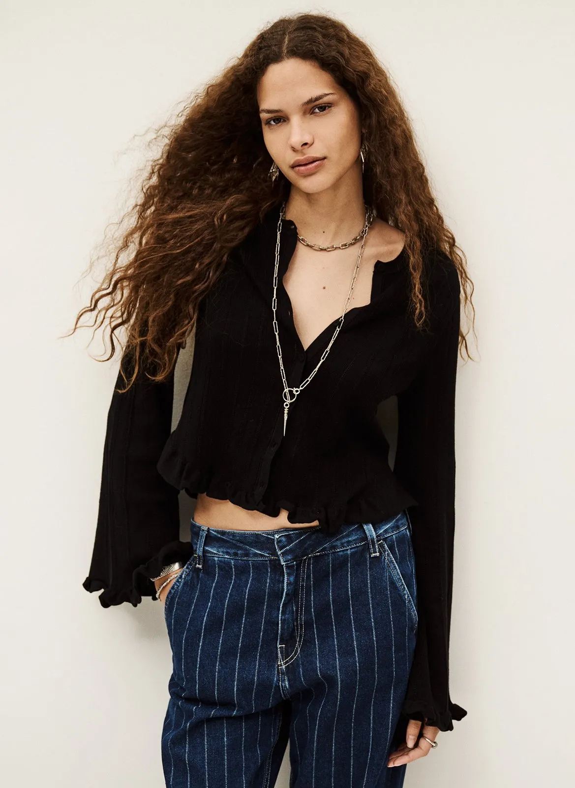 Cardigan droit col rond en coton Noir VITIS