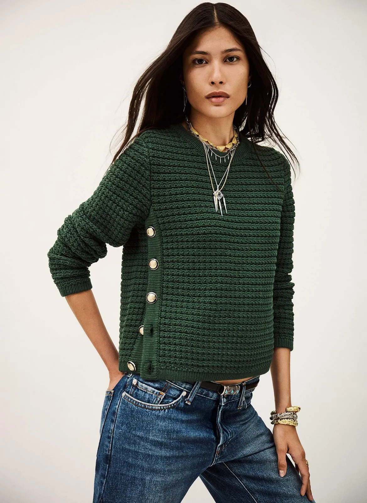 Pull droit col rond en coton mélangé Vert GAEL