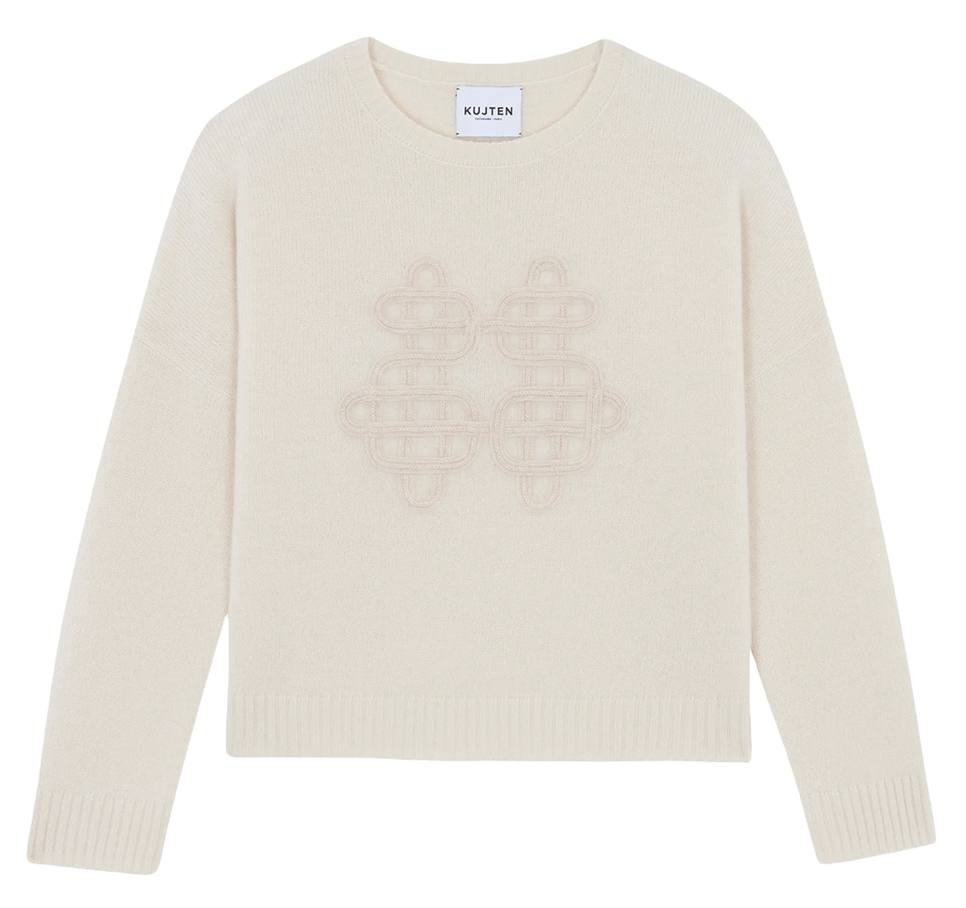 Pull ample col rond brodé en cachemire Beige AMELIE SYMBOL