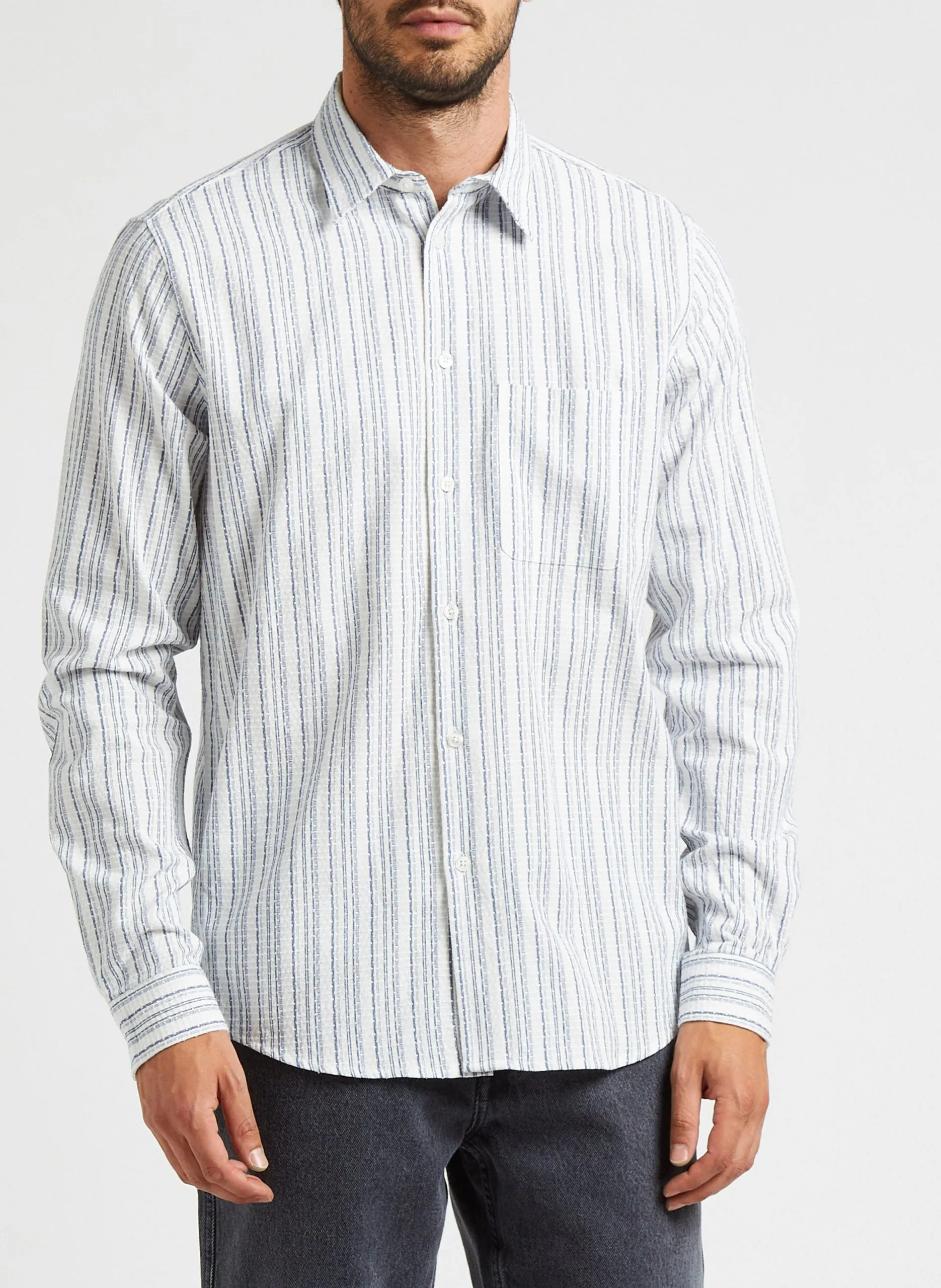 Chemise col classique à rayures en coton mélangé Blanc LIAM