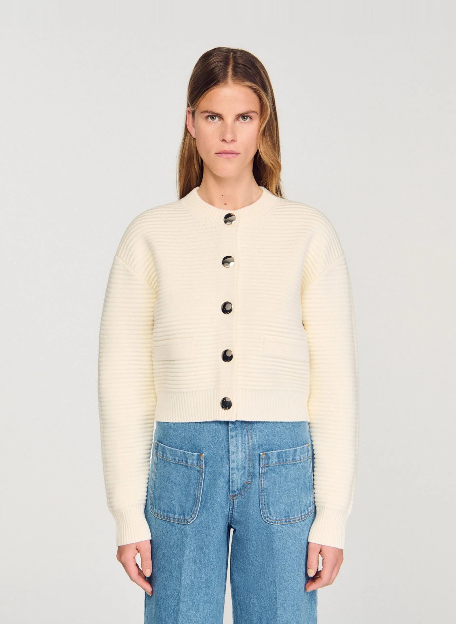 Cardigan boutonné court côtelé Blanc