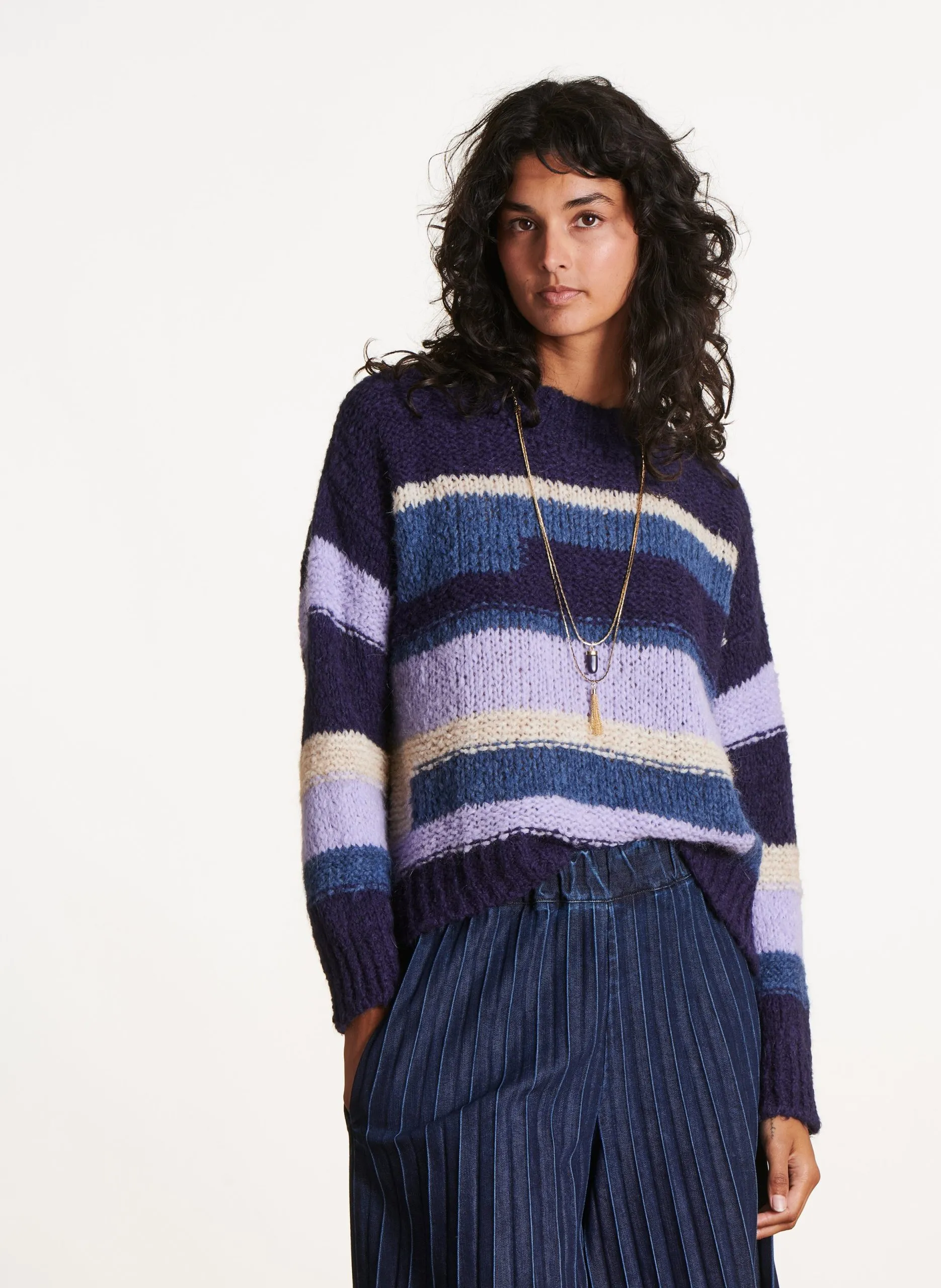 Pull col rond rayé Bleu