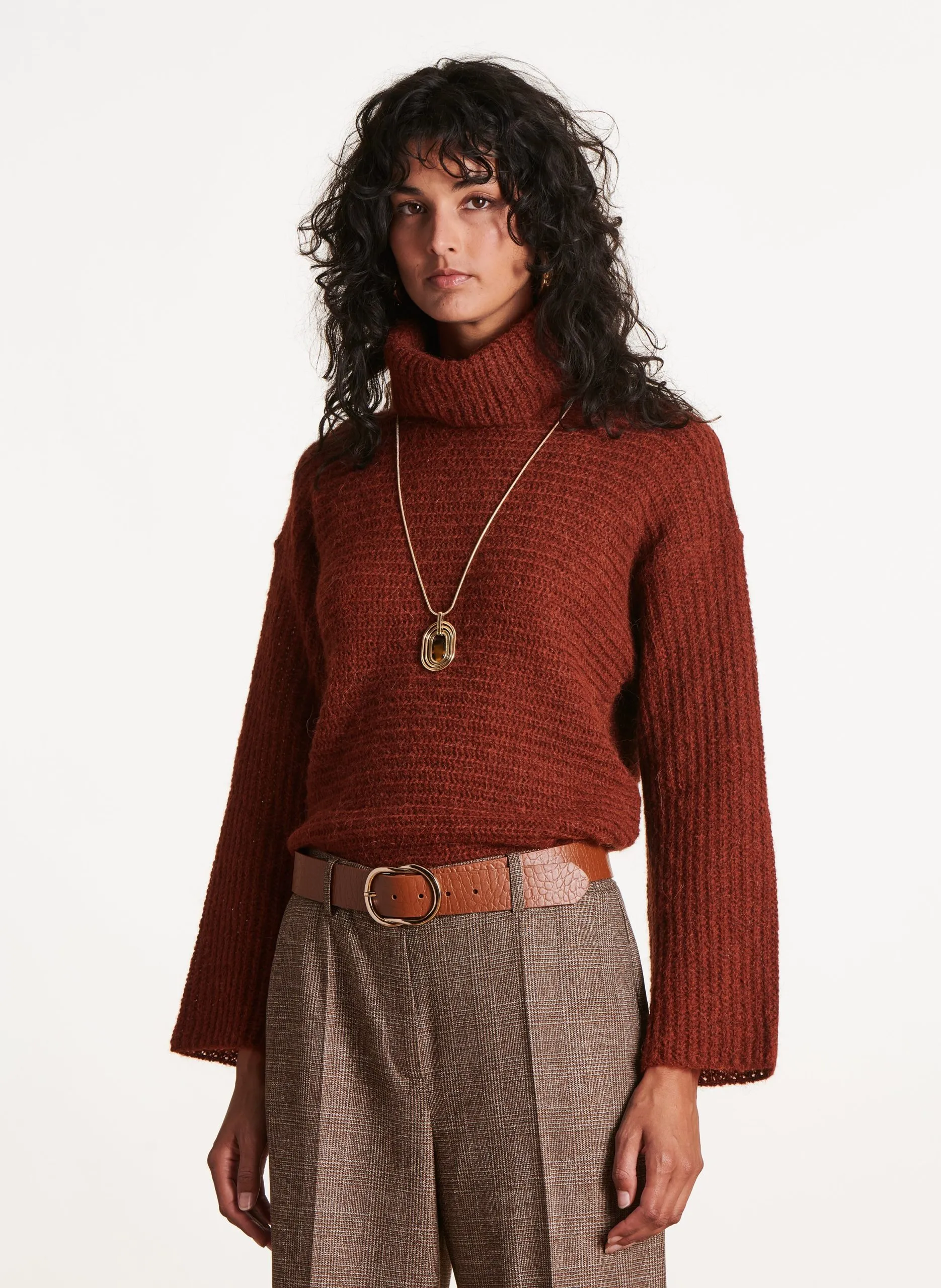 Pull droit col boule en maille mélangée Beige