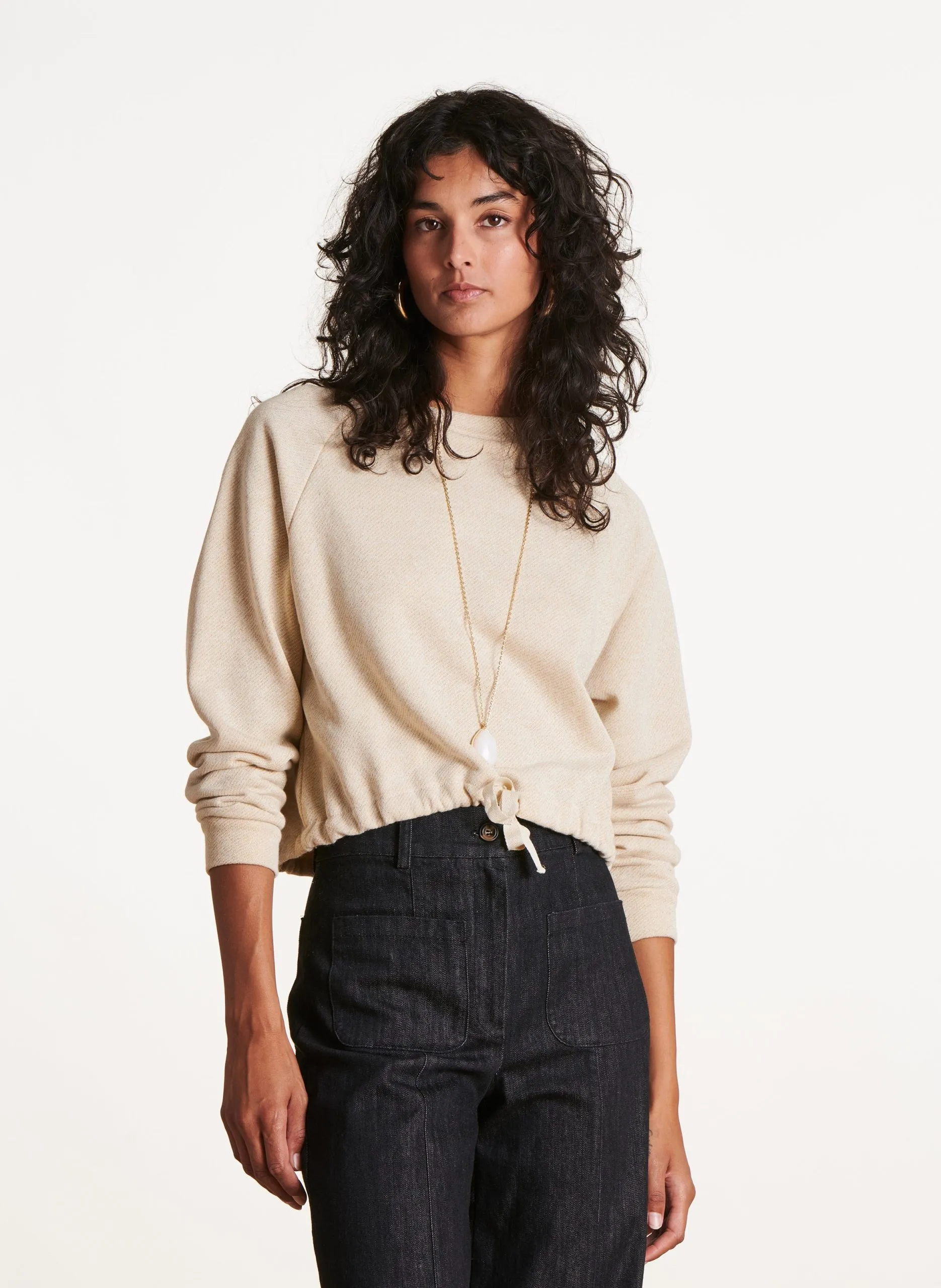 Sweat ample court en coton mélangé Blanc