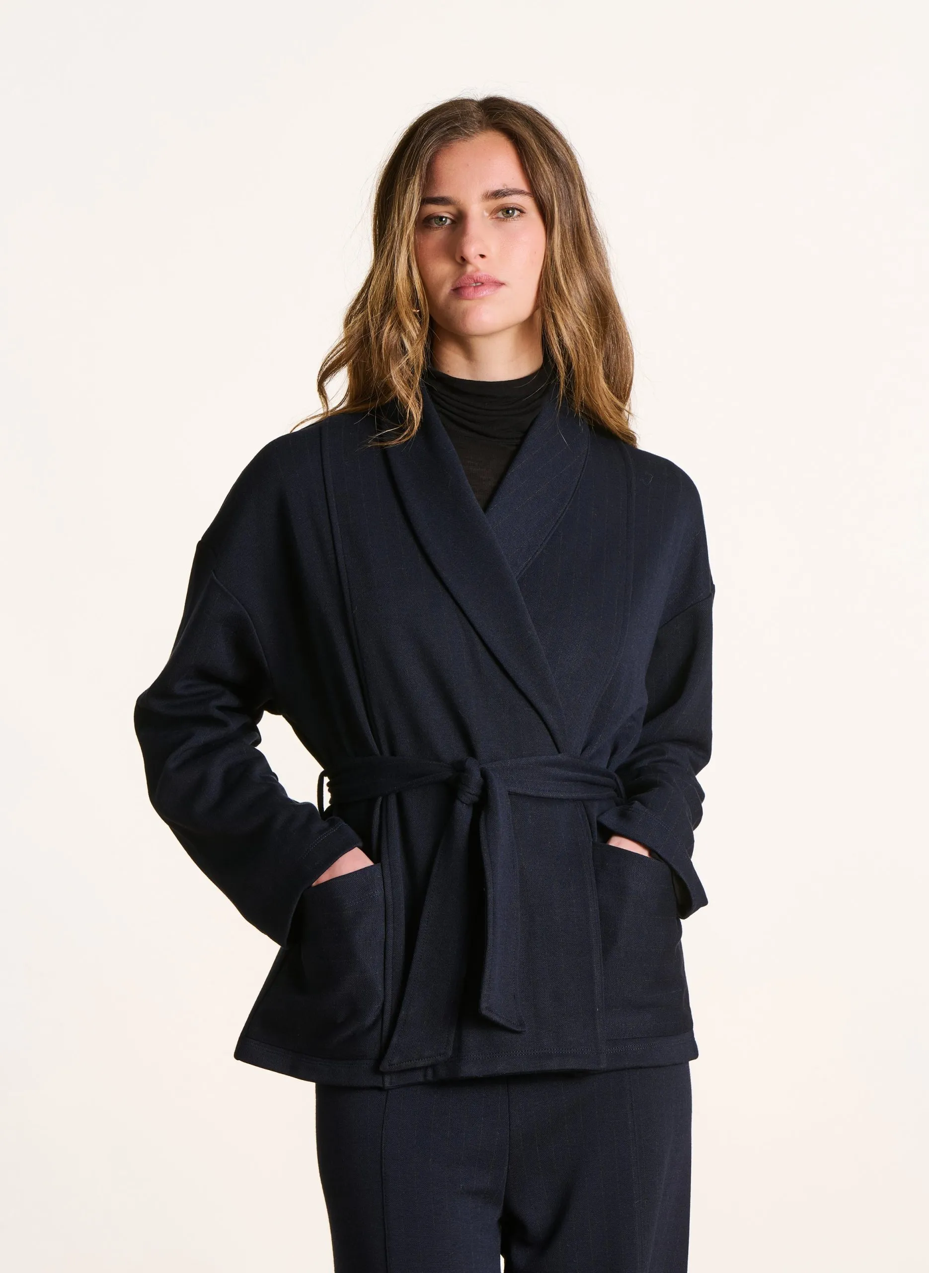 Veste col châle à rayures Bleu