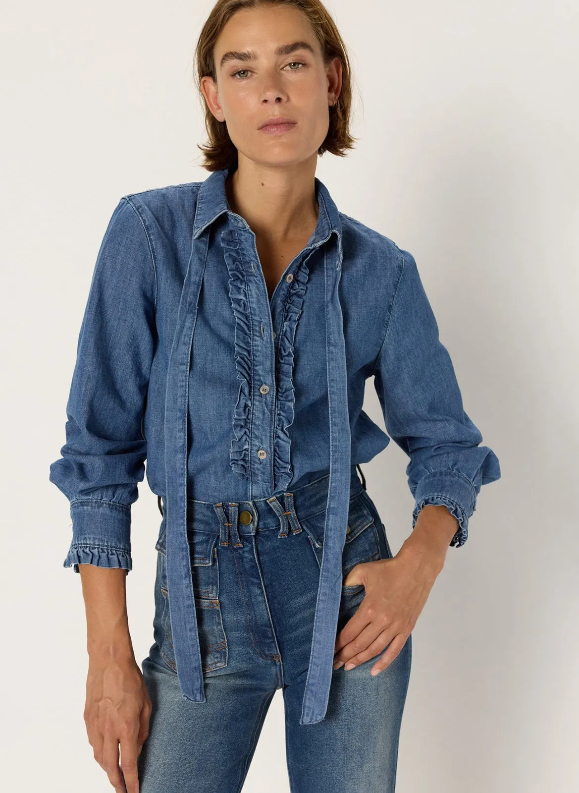 Chemise col classique en denim Bleu ALIA