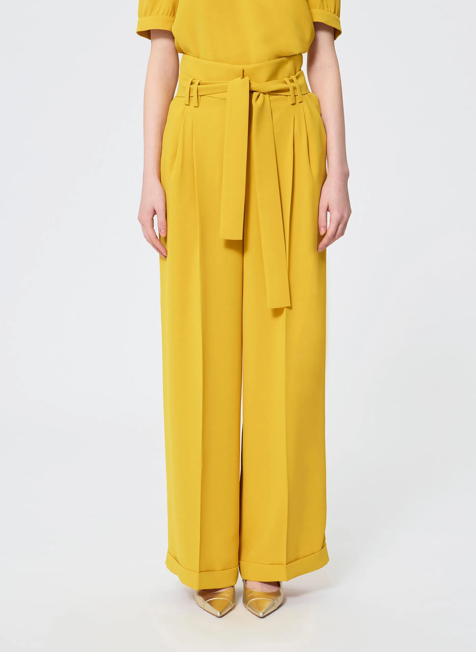 Pantalon taille haute ceinturé uni Jaune PIA
