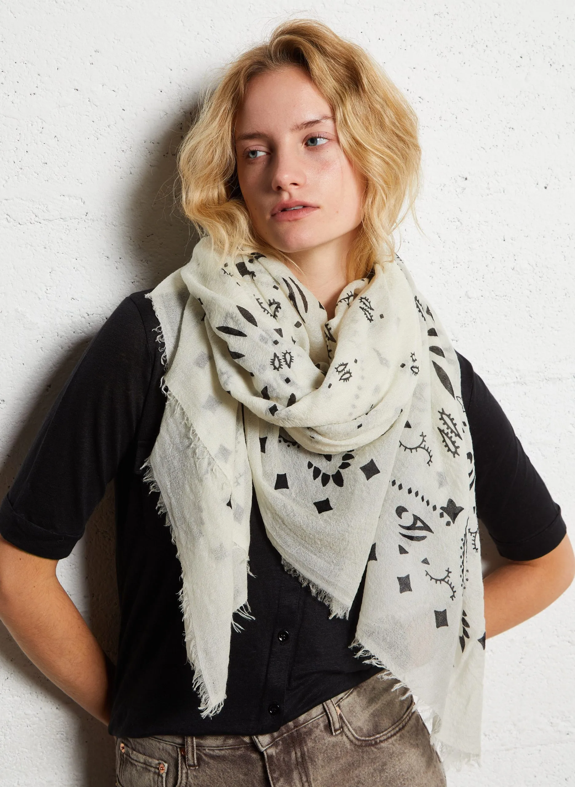 Foulard imprimé en voile de cachemire Blanc EFFY
