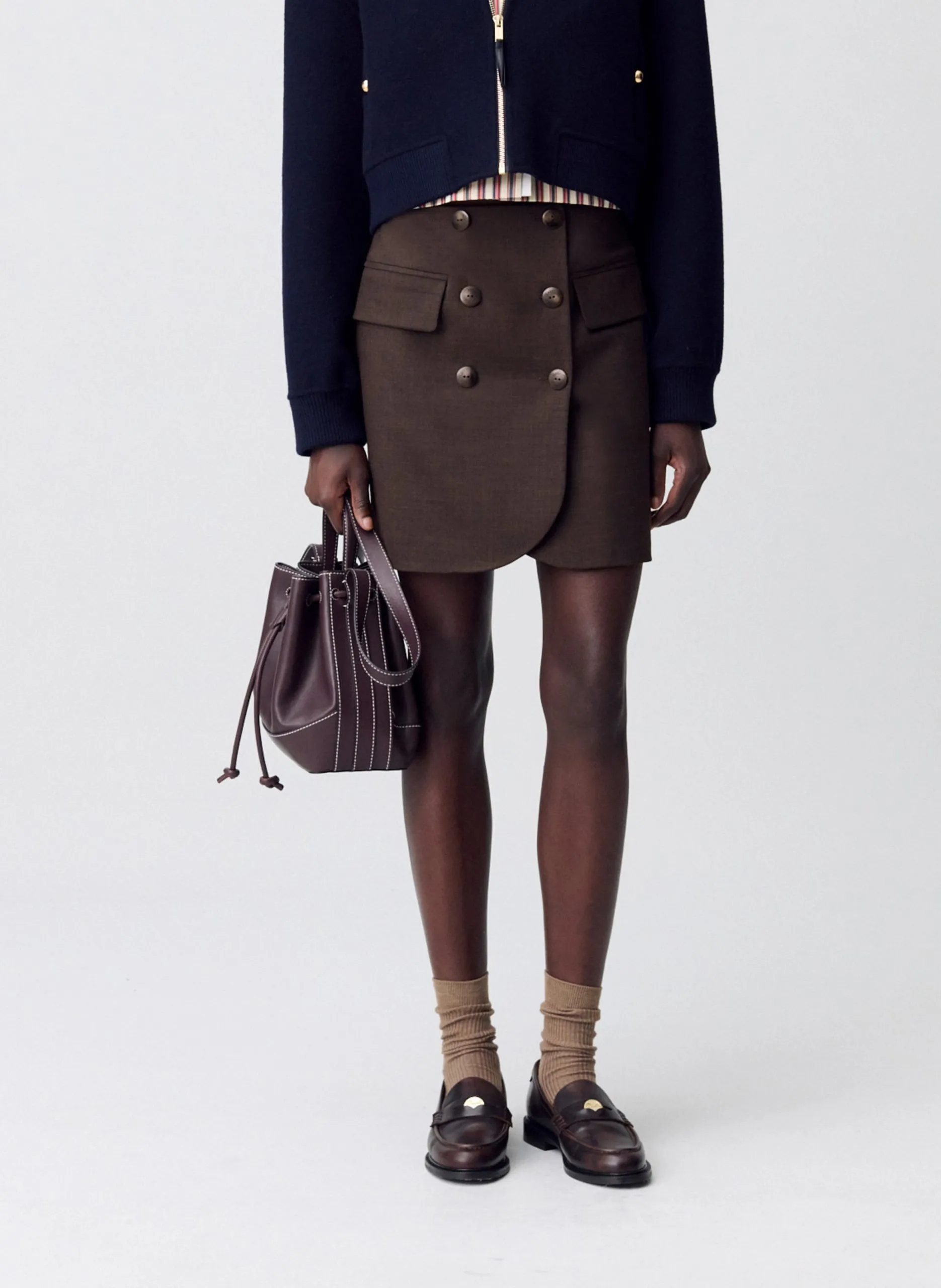Jupe courte droite en laine mélangée Marron SIENNA