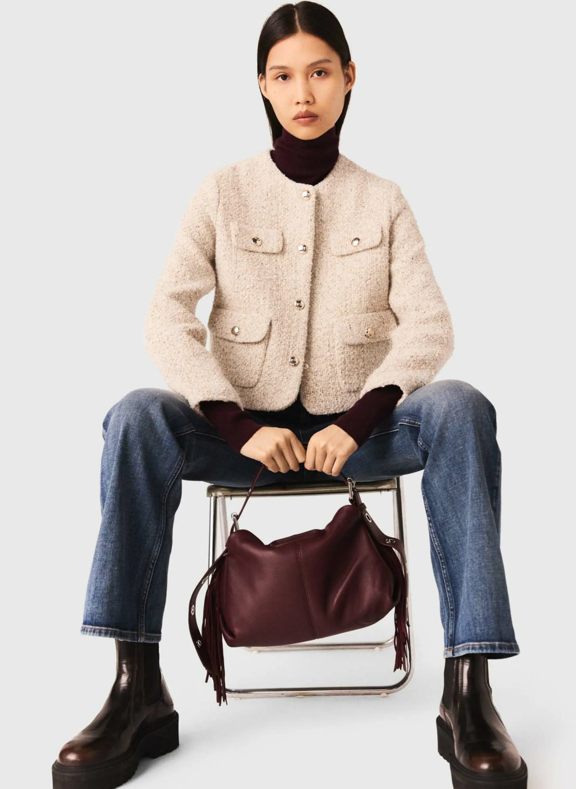 Veste courte boutonnée effet tweed Beige