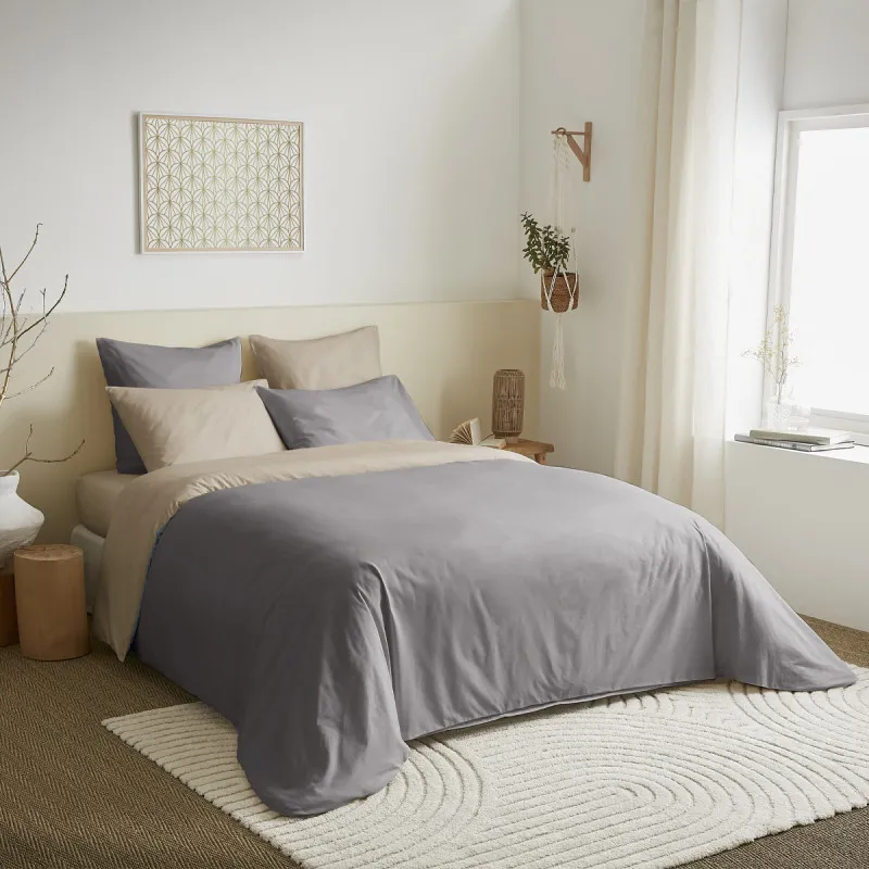 Pack complet 6 pièces taupe/lin réversible housse de couette pour lit 140 x 190 cm Beige