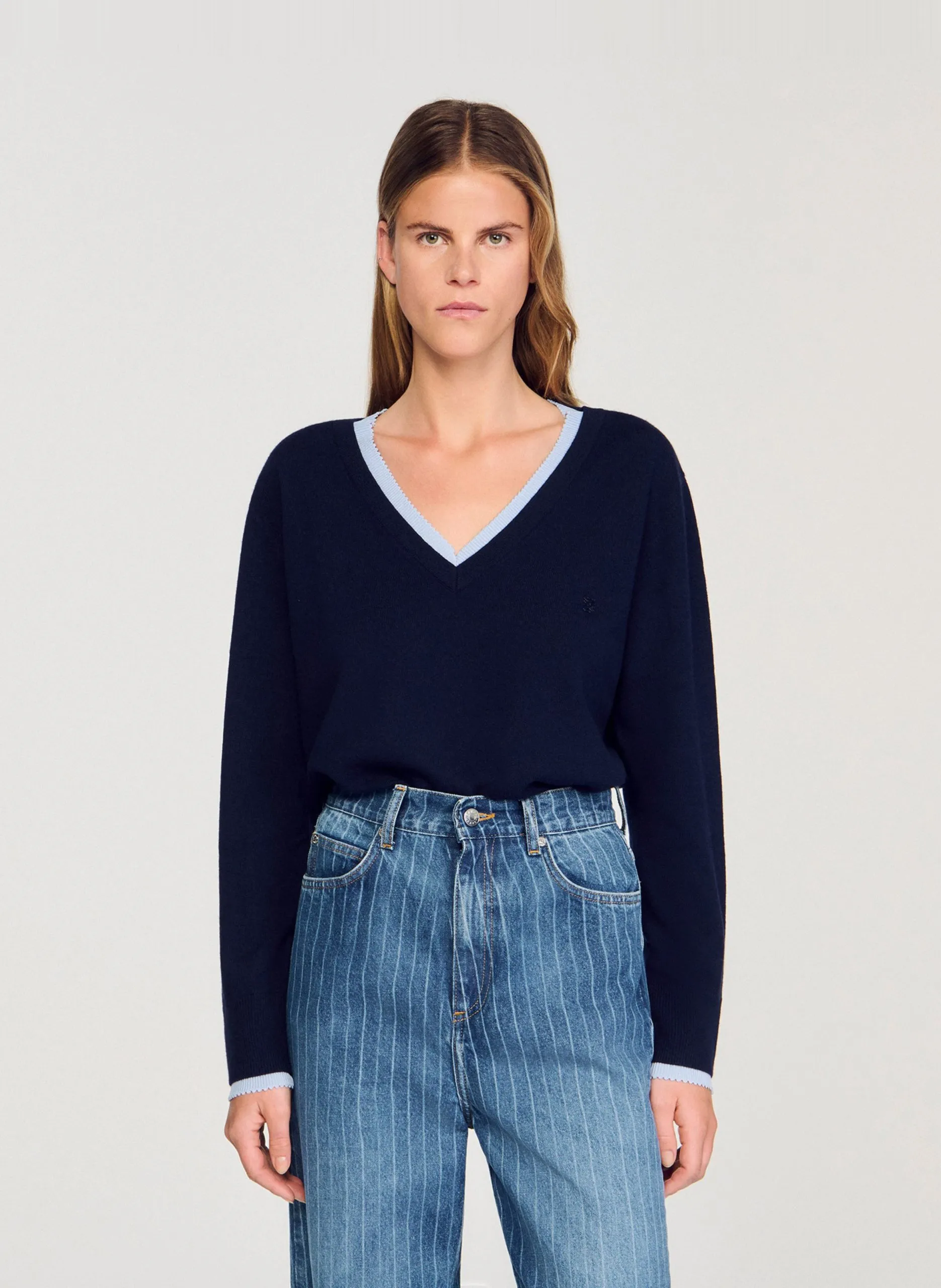 Pull oversize col V en laine et cachemire Bleu