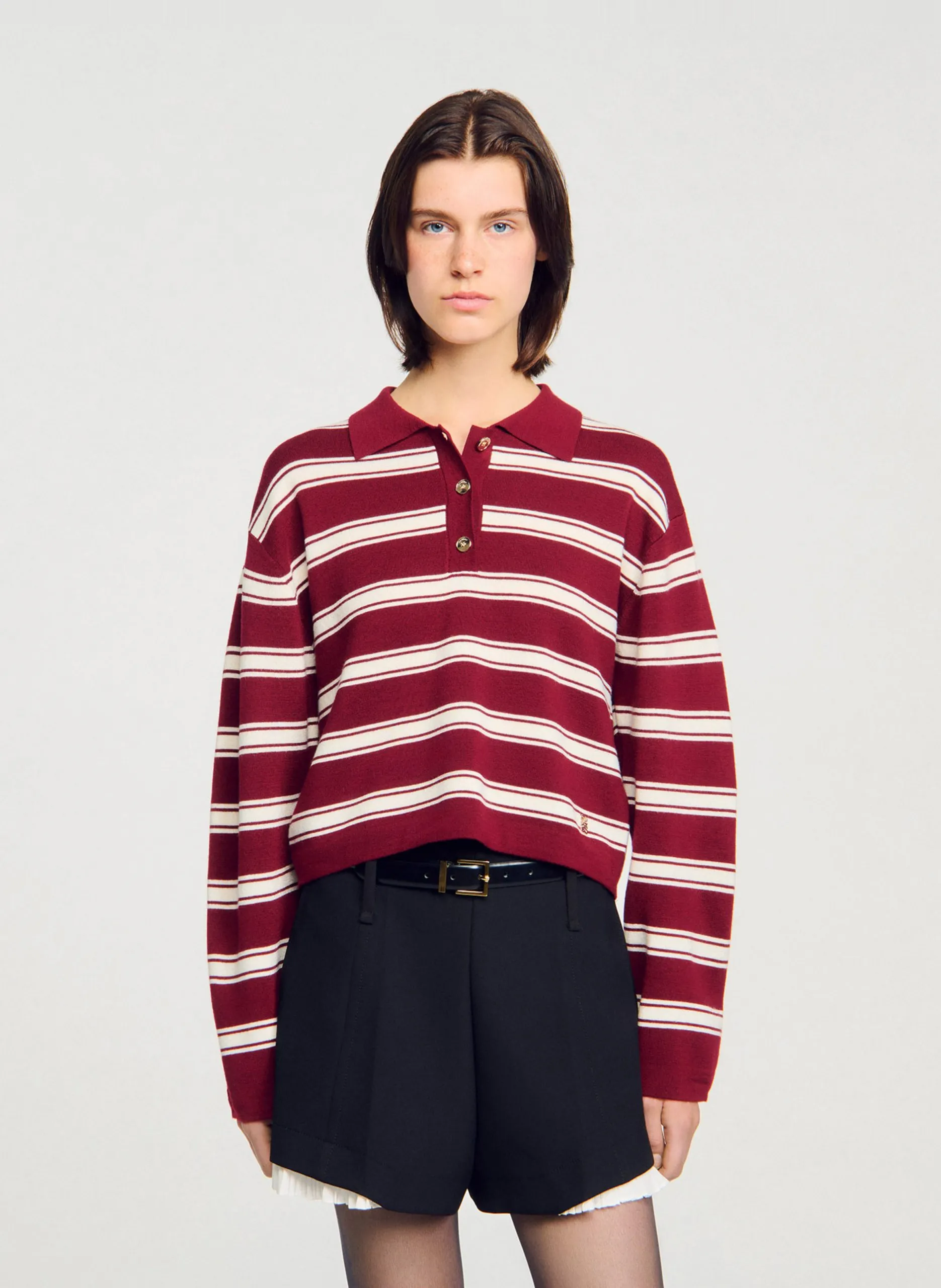 Pull oversize col polo en laine mélangée Rouge