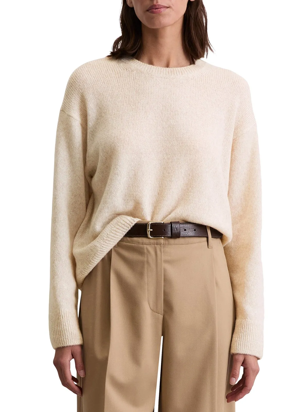 Pull col rond en laine mélangée Beige
