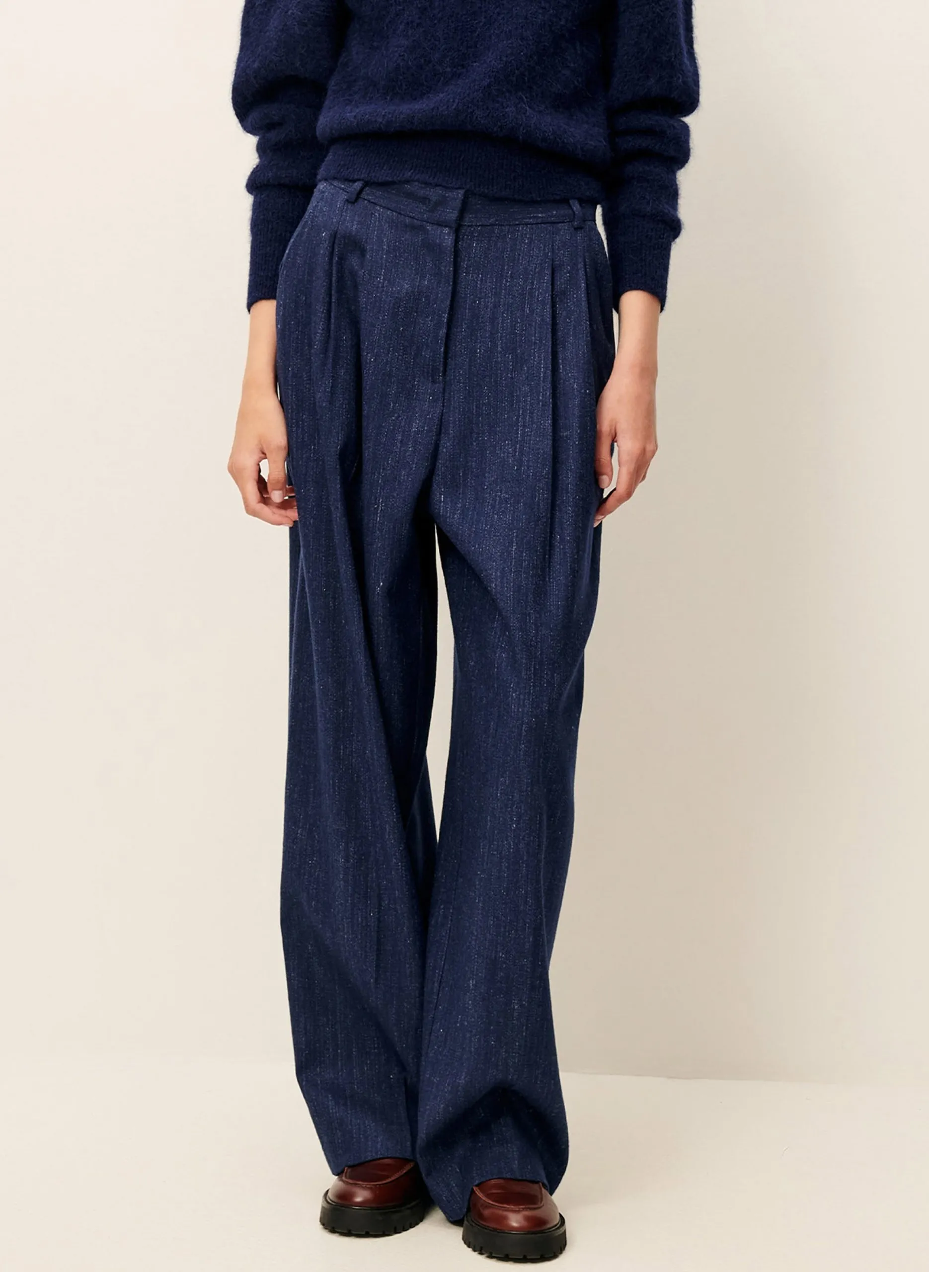 Pantalon droit taille haute uni Bleu