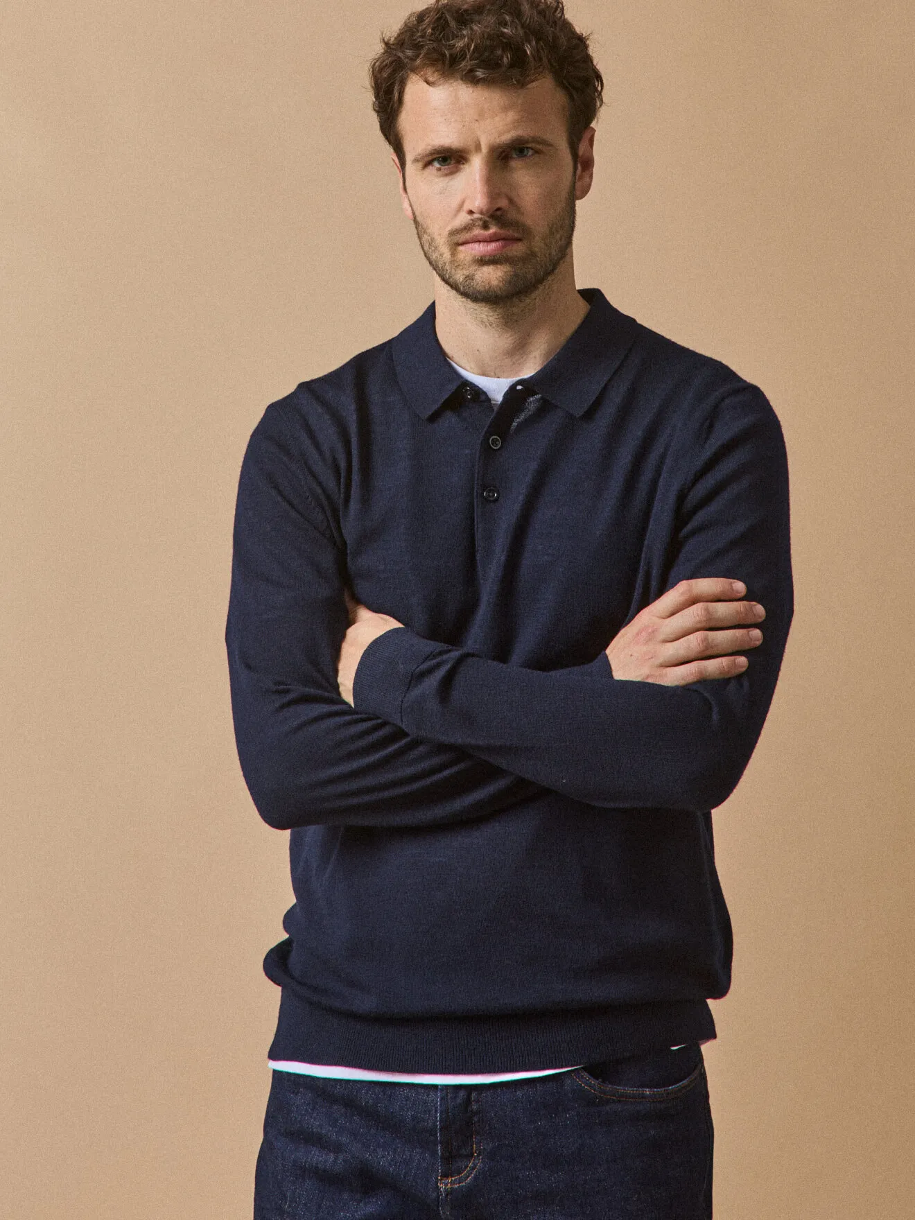 Pull fin col polo laine mérinos Bleu