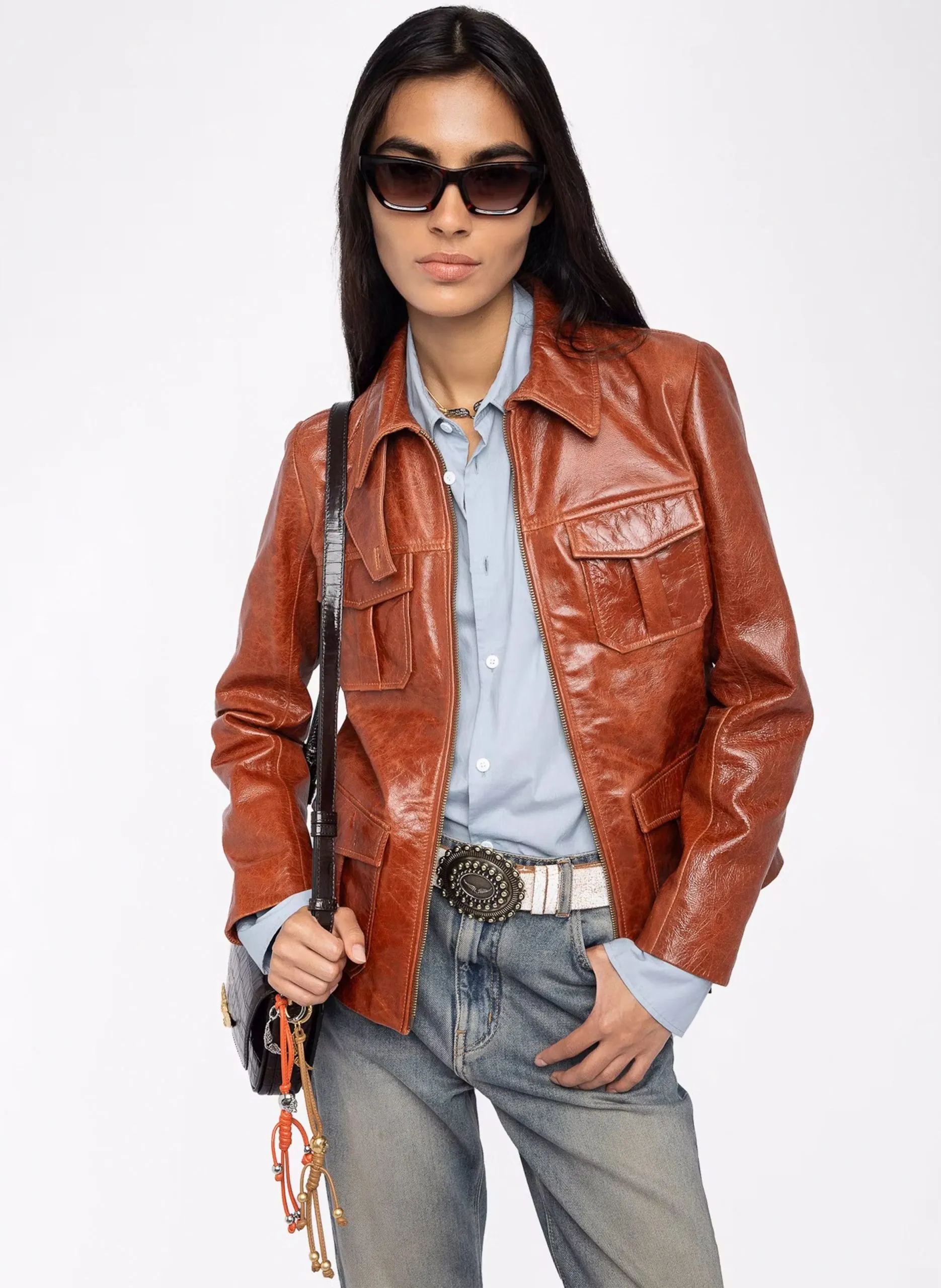 Veste en cuir col classique Marron LIENNA