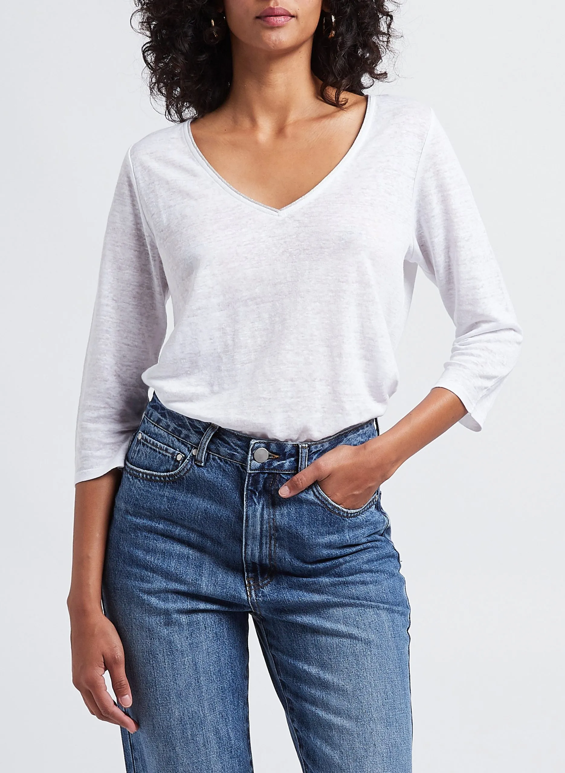 Tee-shirt col V chiné en lin Blanc TOMEOH