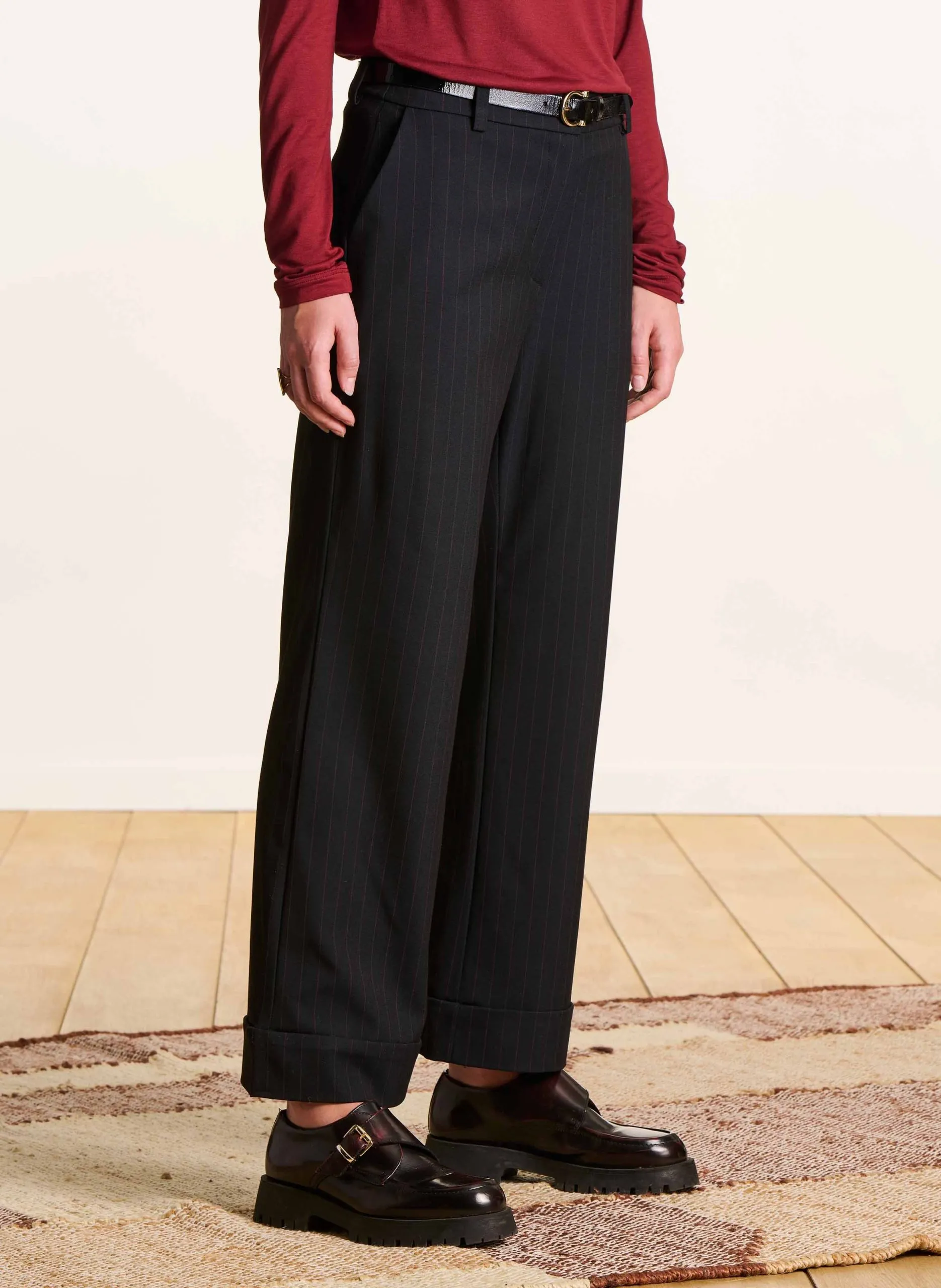 Pantalon large taille haute à rayures Bleu