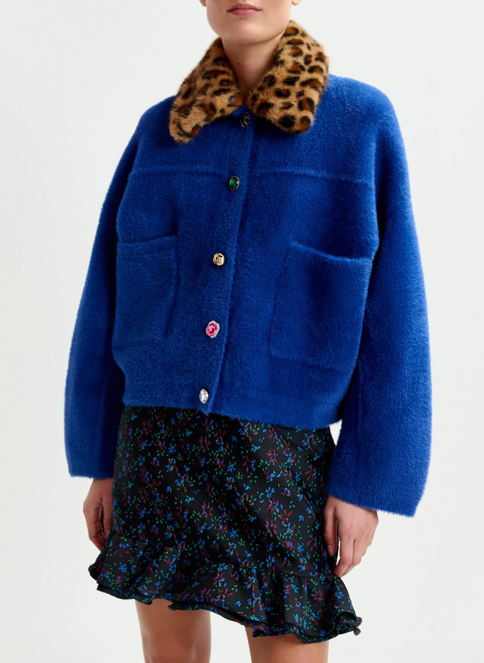 Cardigan ample à col fourrure amovible Bleu INTENTION