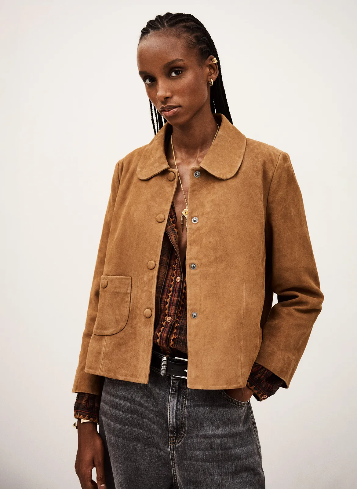 Veste courte en cuir velours Marron MILAS