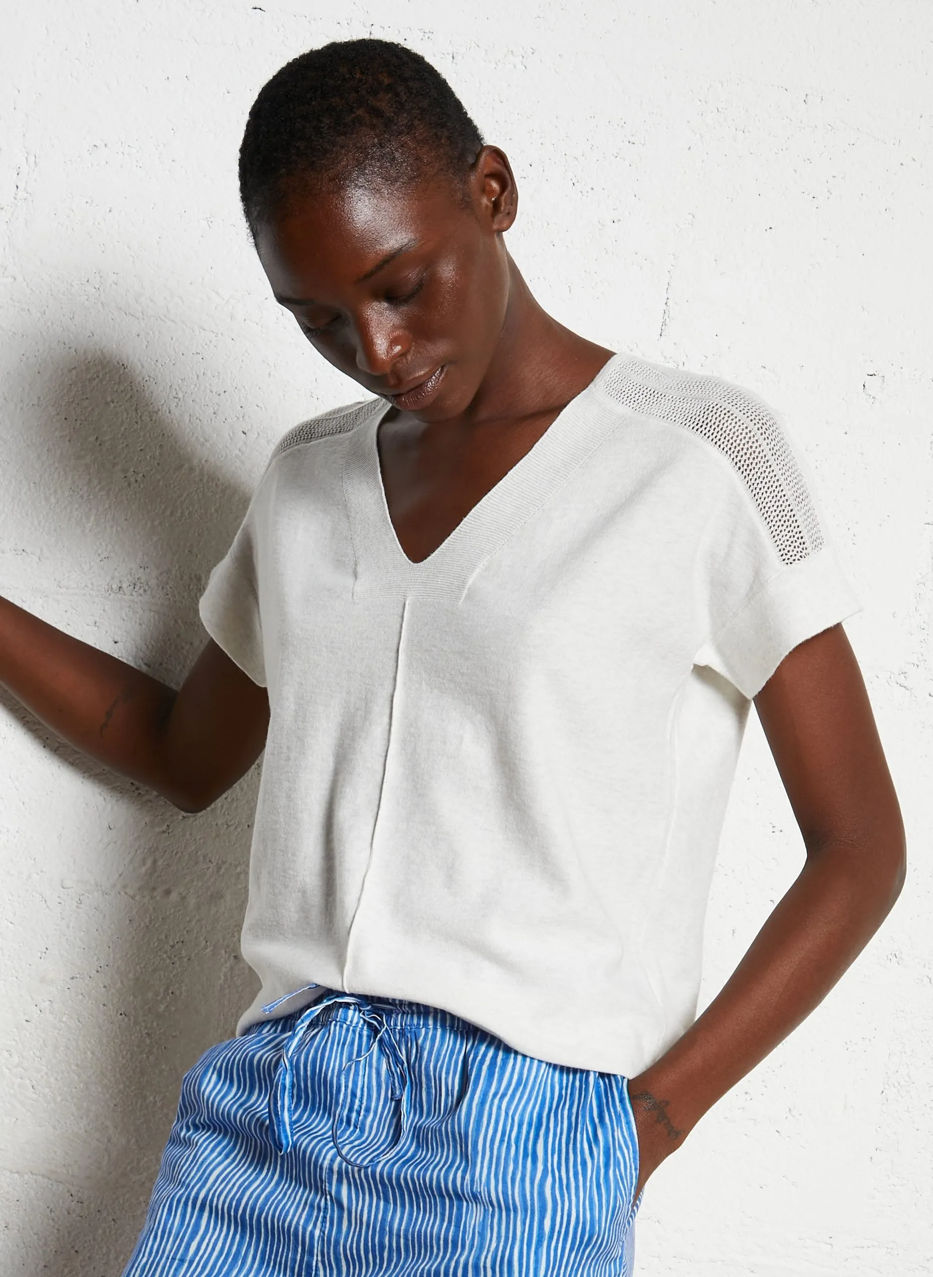 Pull col V manches courtes uni Beige SCOTTY