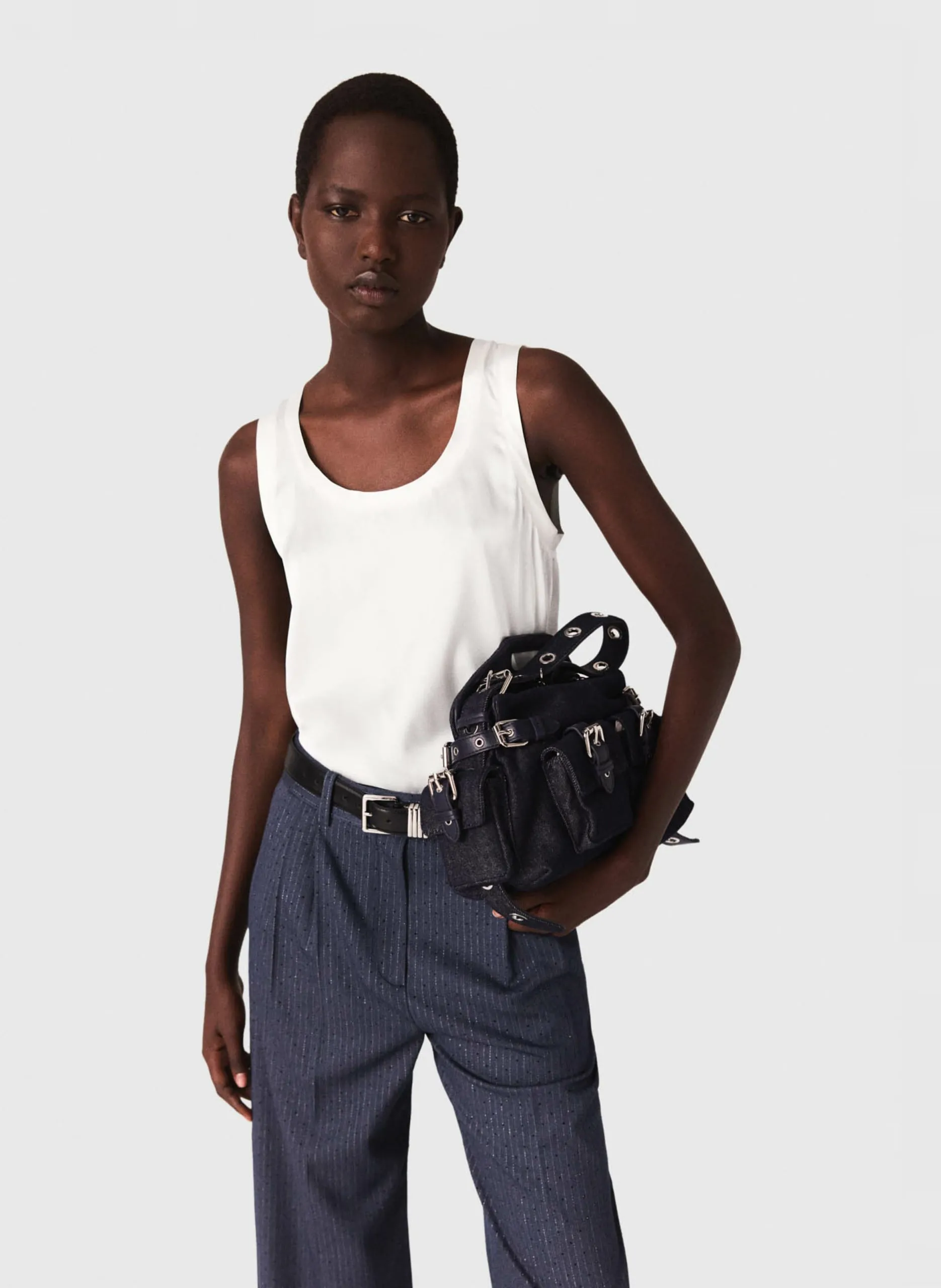 Débardeur col rond droit en soie mélangé Blanc