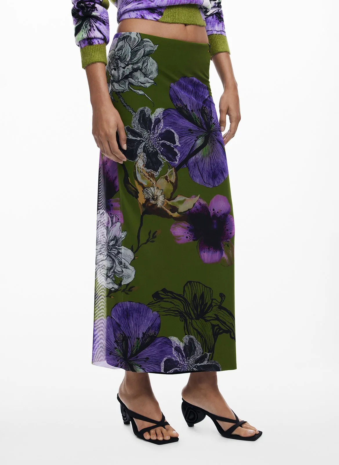 Jupe midi tube en tulle imprimée Vert