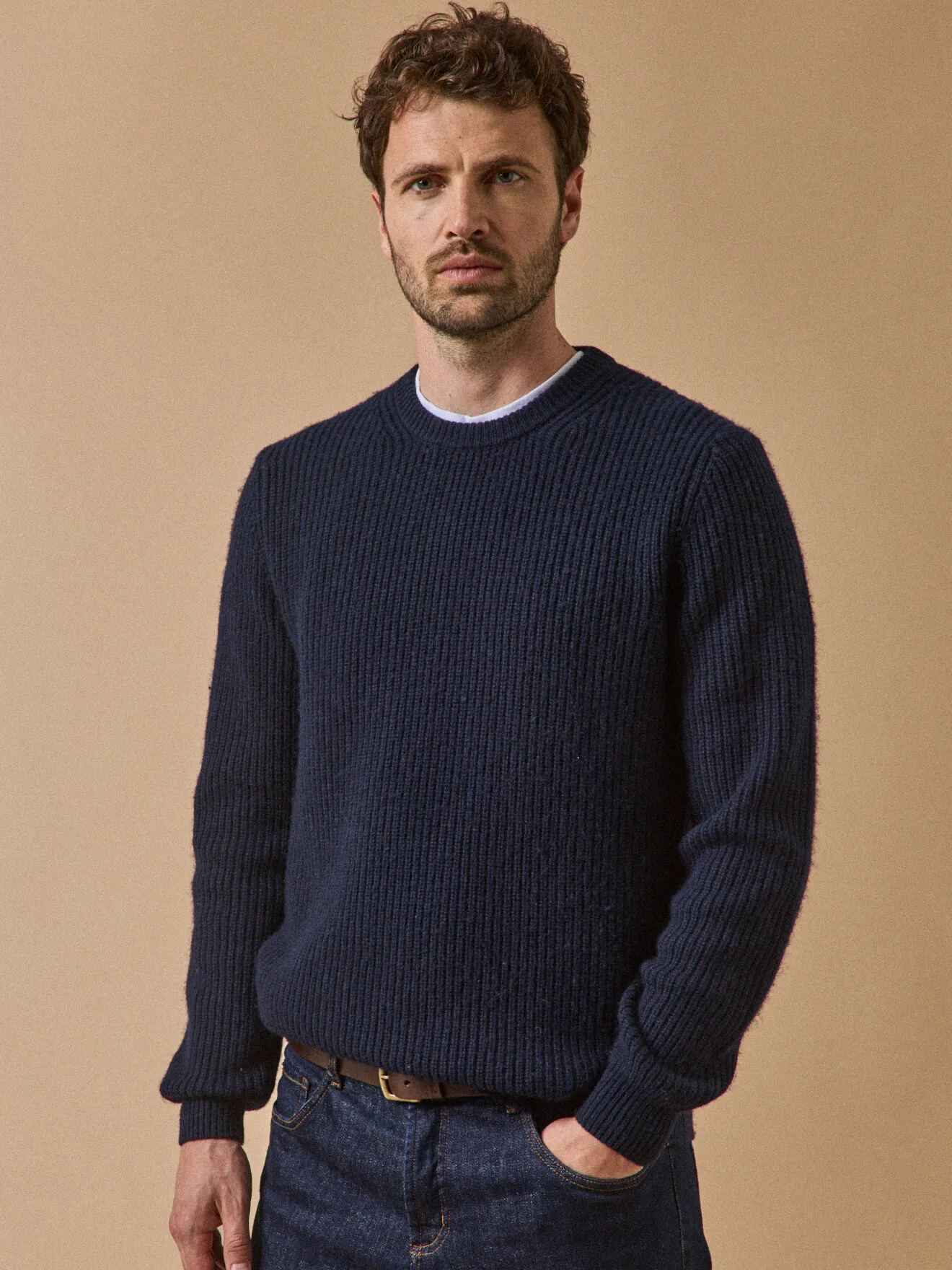 Pull col rond maille côtelée Bleu