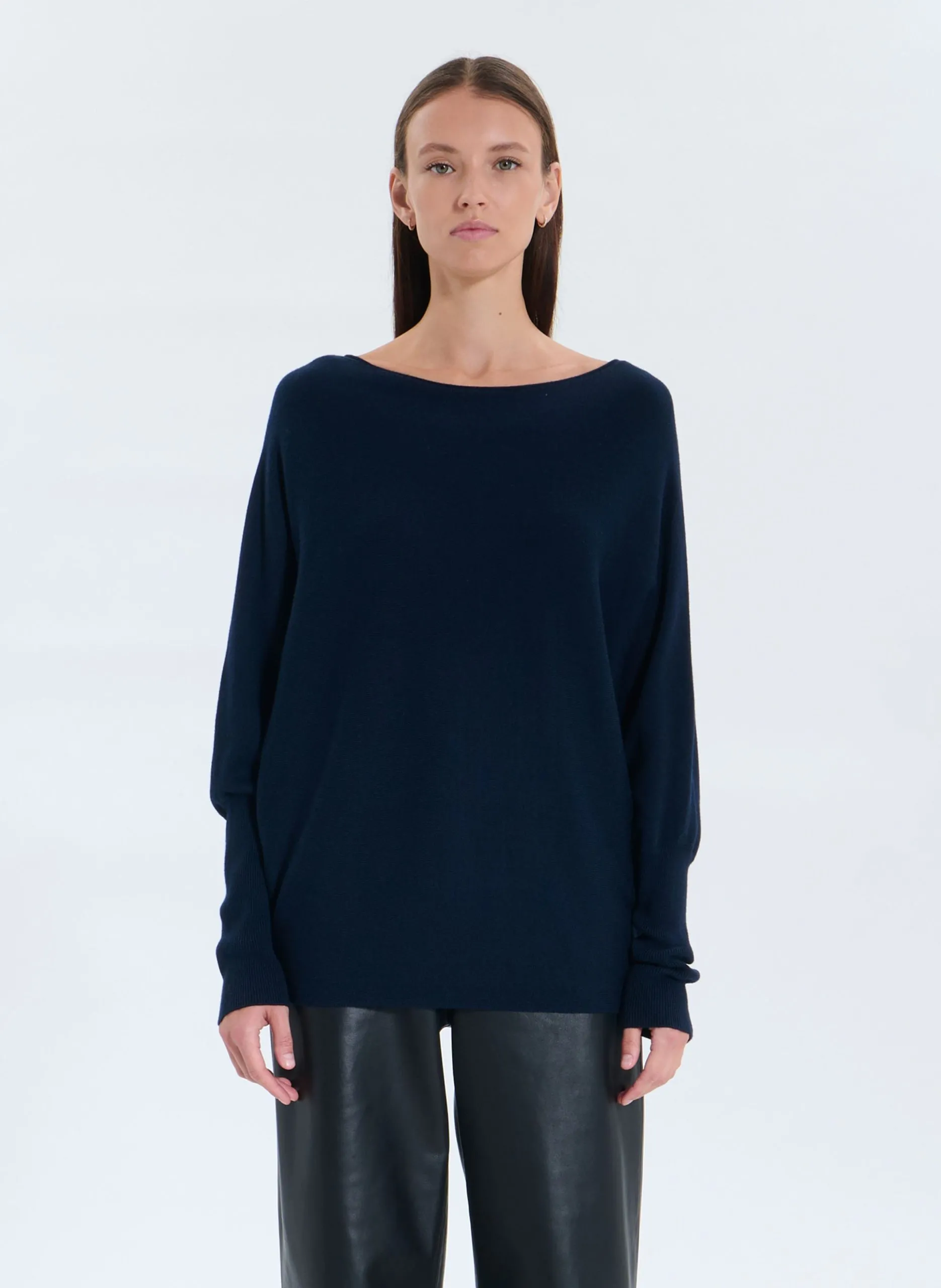 Pull ample à col bateau uni Bleu PENSEEBOAT