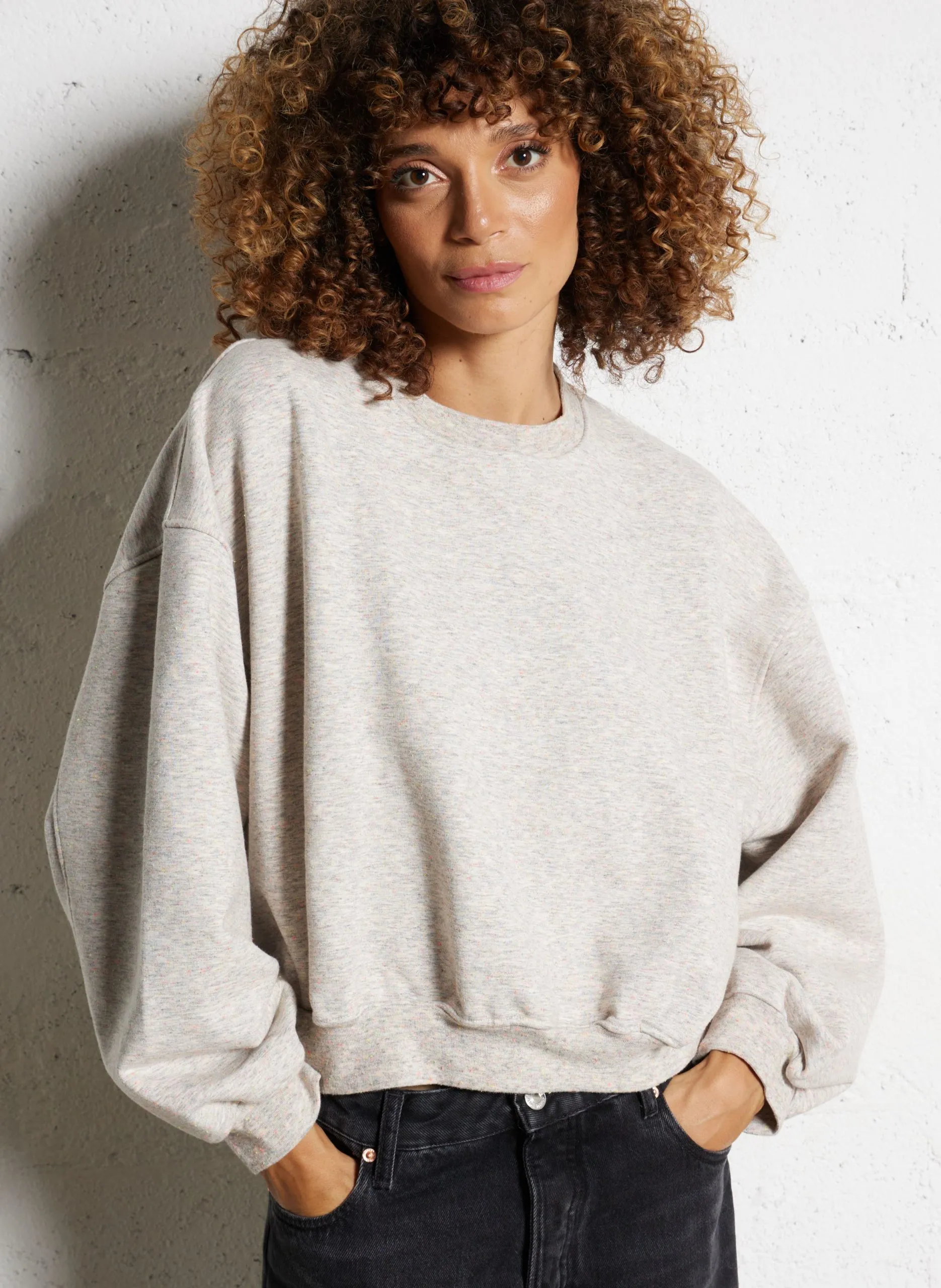 Sweat ample court en jersey de coton moucheté Gris FANCY