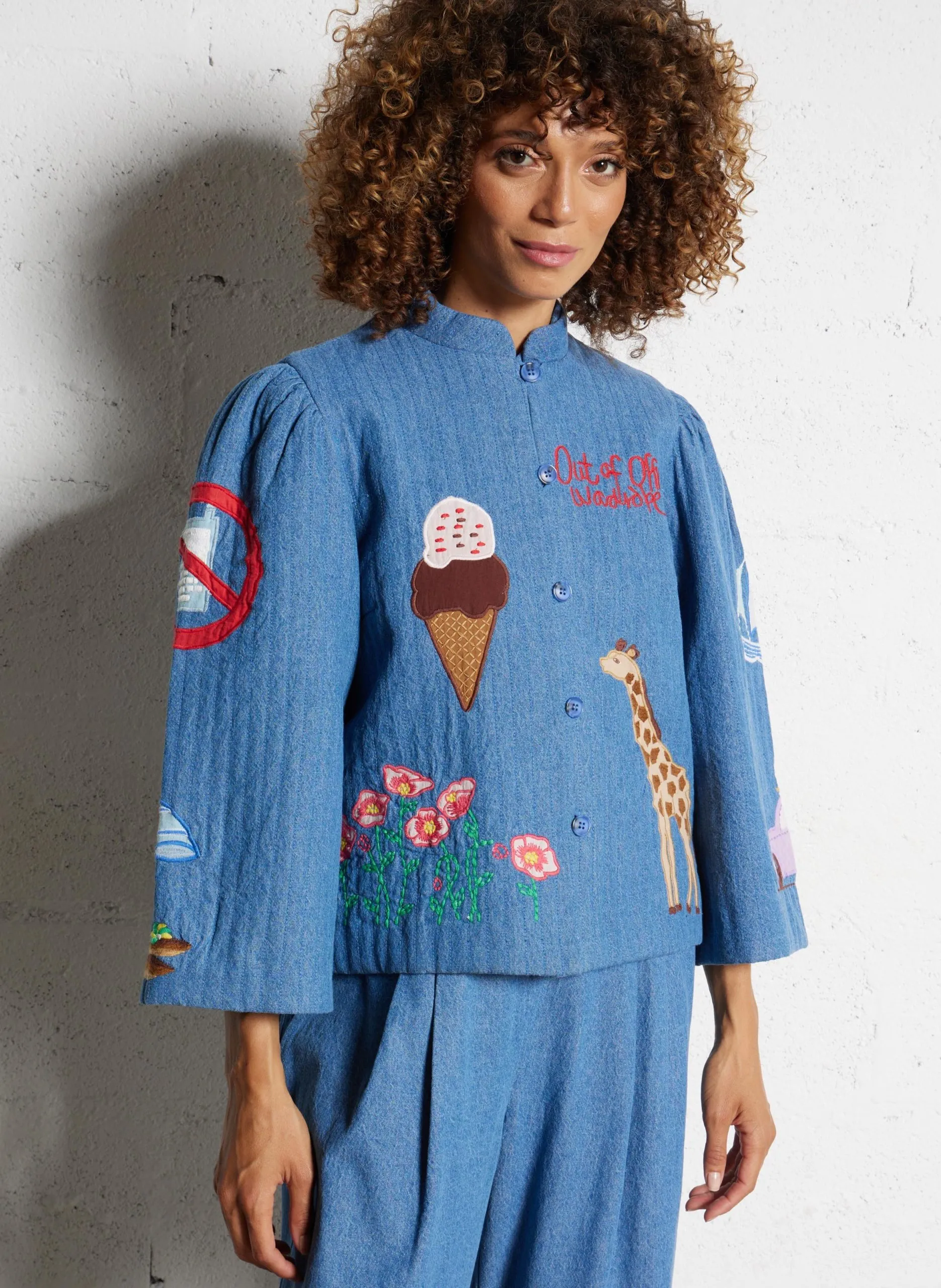 Veste col montant en denim de coton Bleu