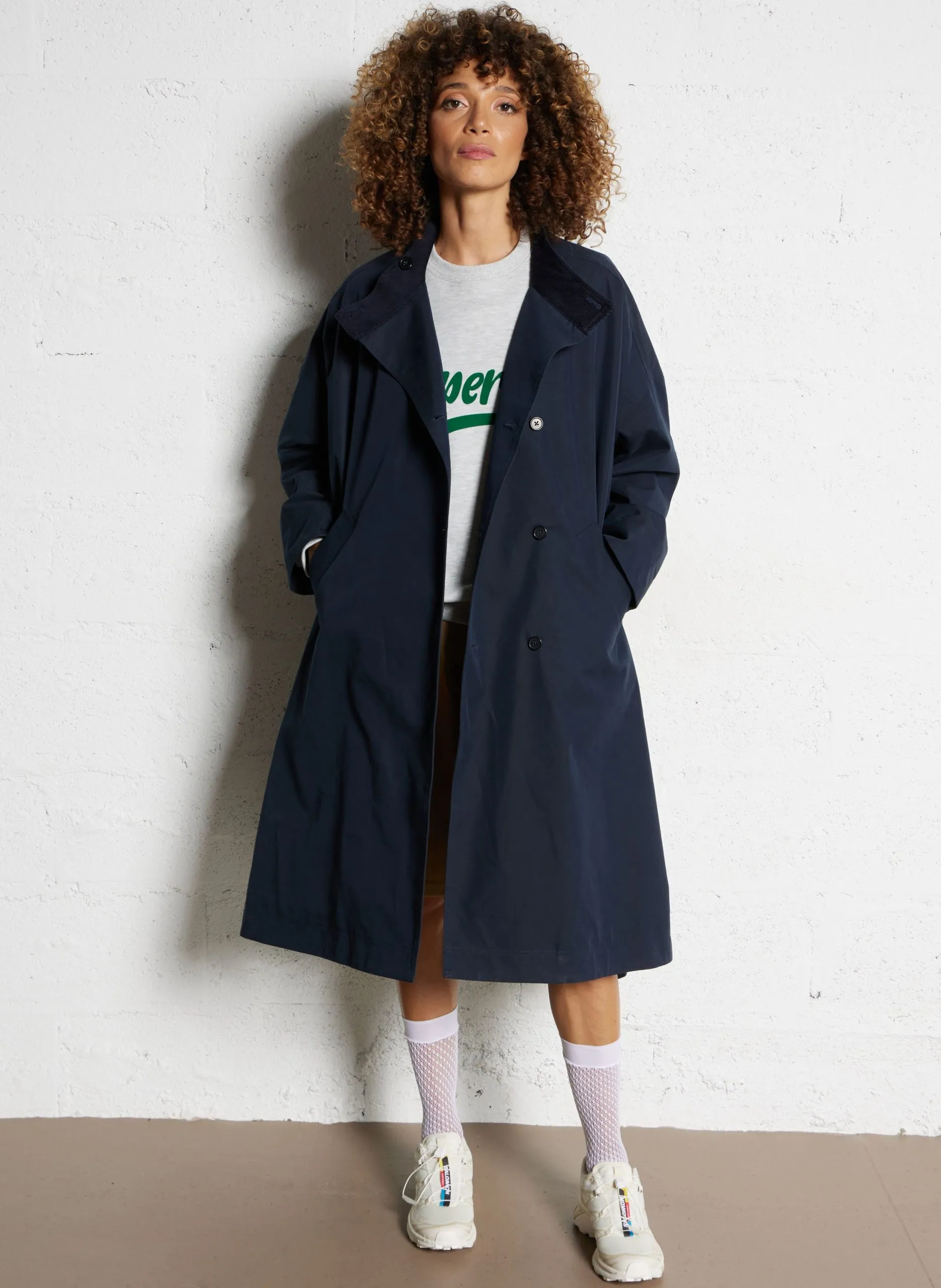Long manteau col rond en coton mélangé Bleu JUTTAC