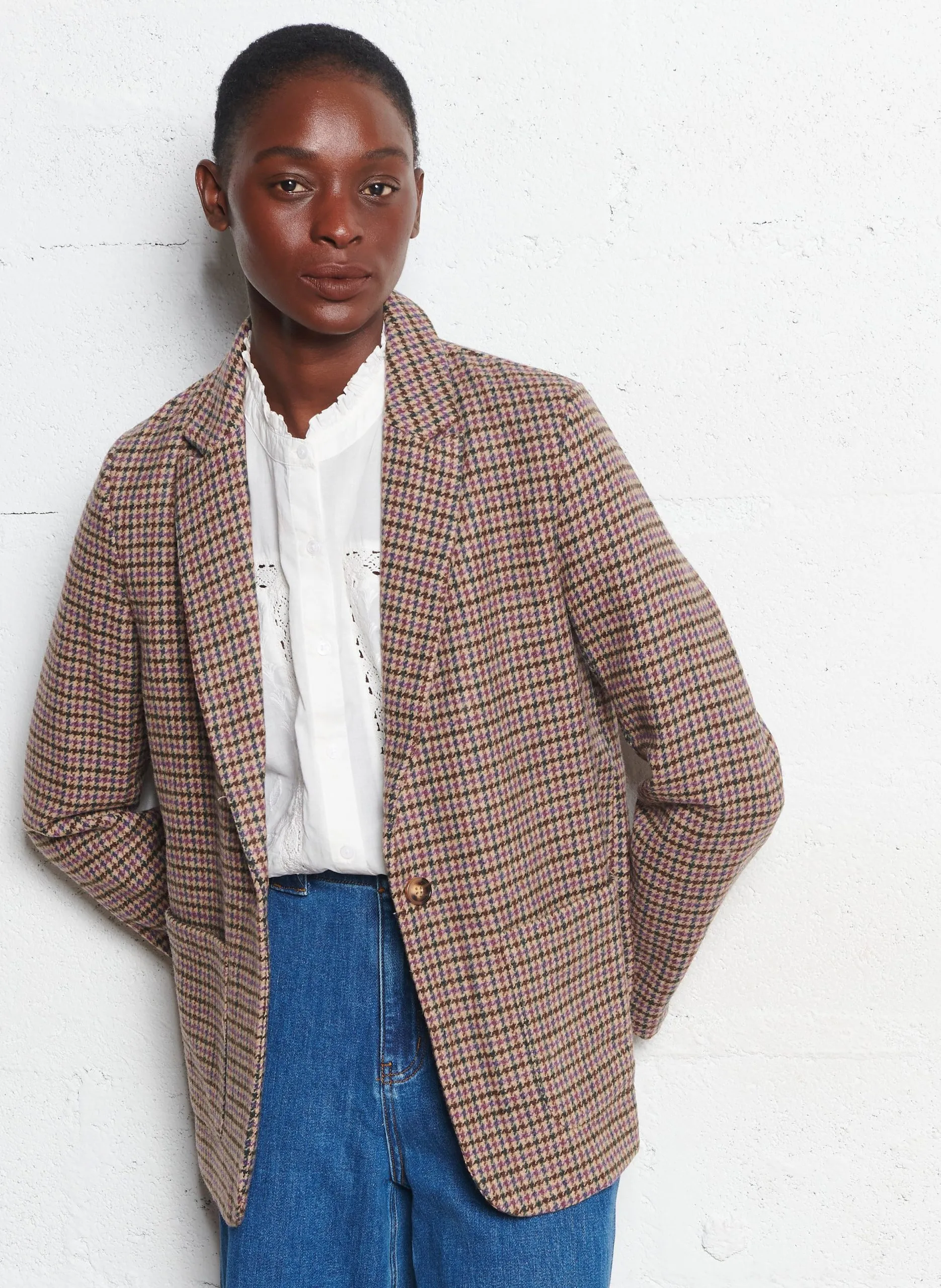 Veste col tailleur à carreaux pieds de poule Beige VANESS